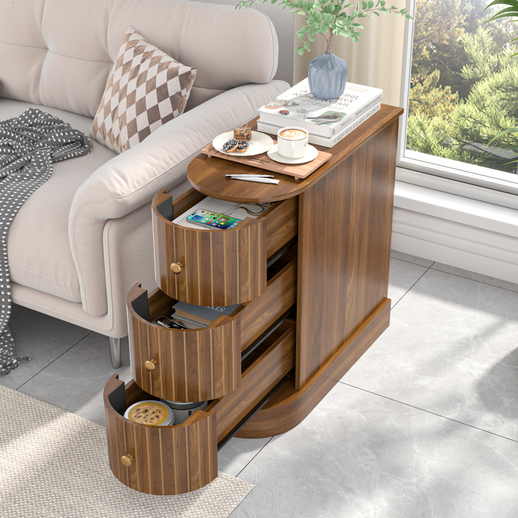 Wood End Table with 3 Drawers, Narrow Sofa Side Table, Nightstand for ...