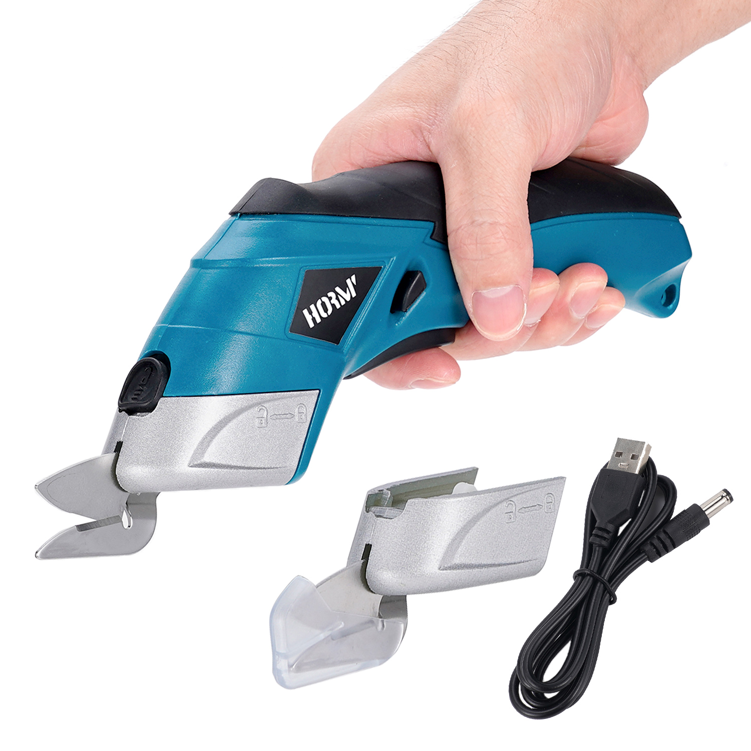 thumbnail video image 2 of HORMY Cordless Electric Scissors with Two Blades, 3.6V Super Scissors Rechargeable with Safety Lock, for Cardboard Cutting Fabric Paper Sewing, Blue, 2 of 10