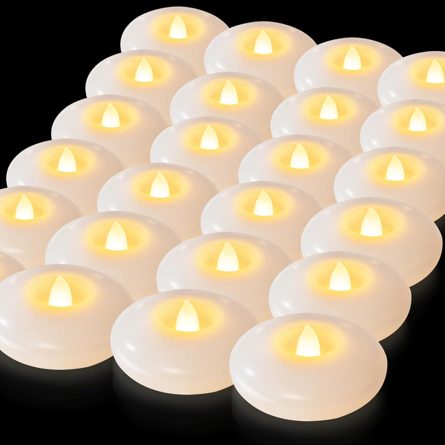 thumbnail video image 2 of Homemory 24 Pack 3” Flameless Led Floating Candles, 200 Hour White Battery Operate Waterproof Tealights for Cylinder Vases, Centerpieces at Wedding Decor, Party, Pool, 2 of 7