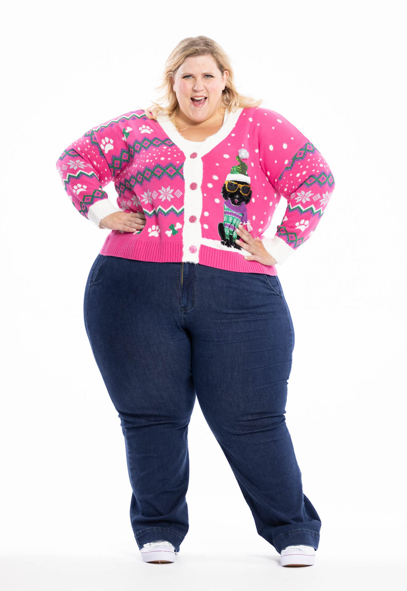 thumbnail video image 2 of Jollidays x Glitter and Lazers Women's Yappy Howlidays Cardigan, Sizes S-5X, 2 of 10