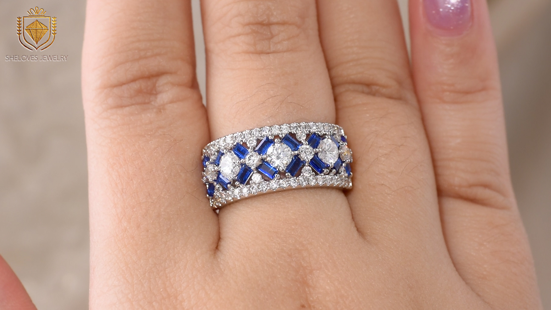 thumbnail video image 2 of SHELOVES White CZ and Blue Created Sapphire Wide Wedding Bands for Women Elegant White Gold Baguette Rings Size 8, 2 of 7