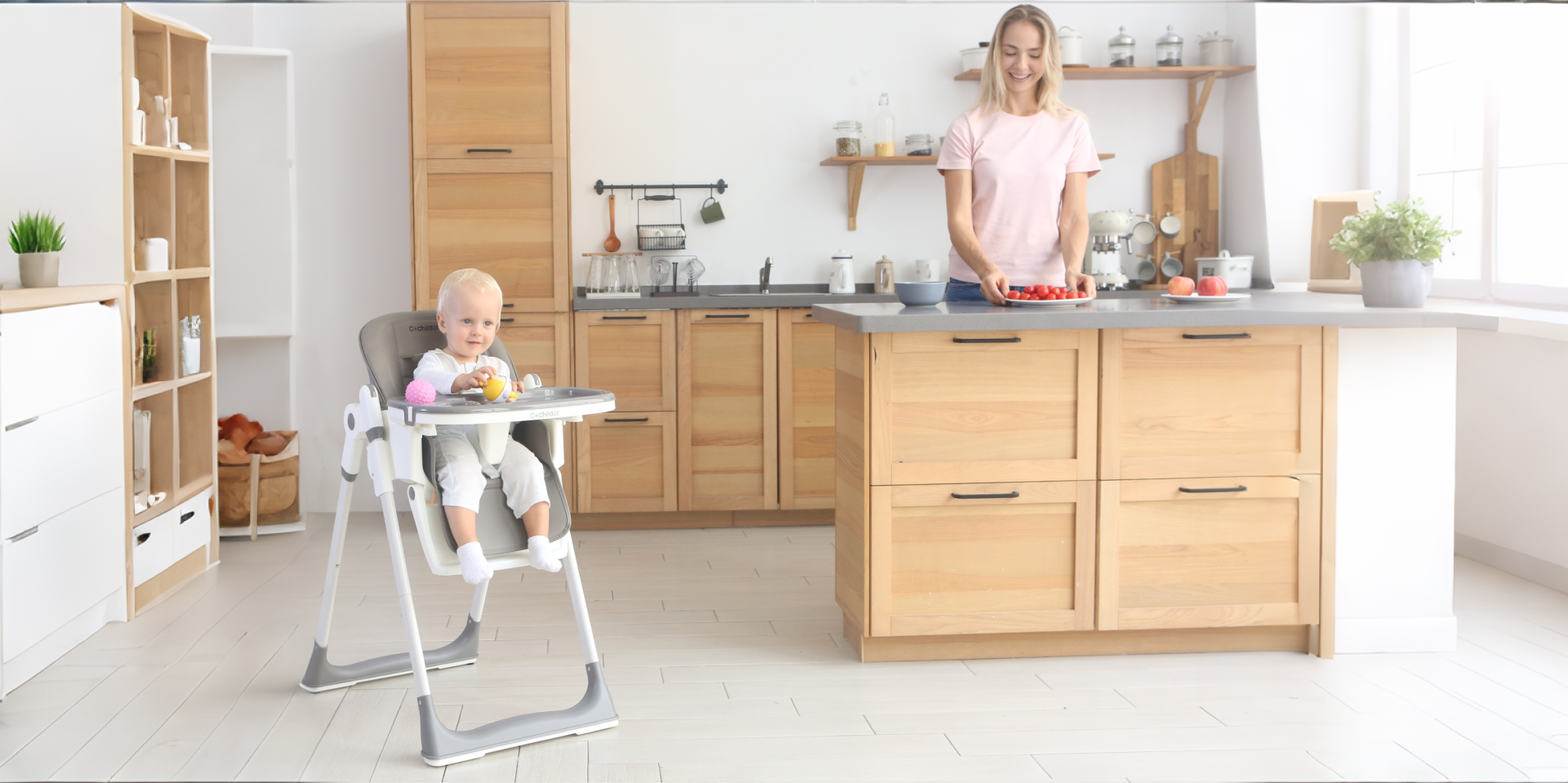 thumbnail video image 2 of Clearance Cochildor Foldaway 3-in-1 High Chair for Babies & Toddlers, with 5 Point Harness, Tray, Foot Rest and Wheels, Pink, 2 of 8