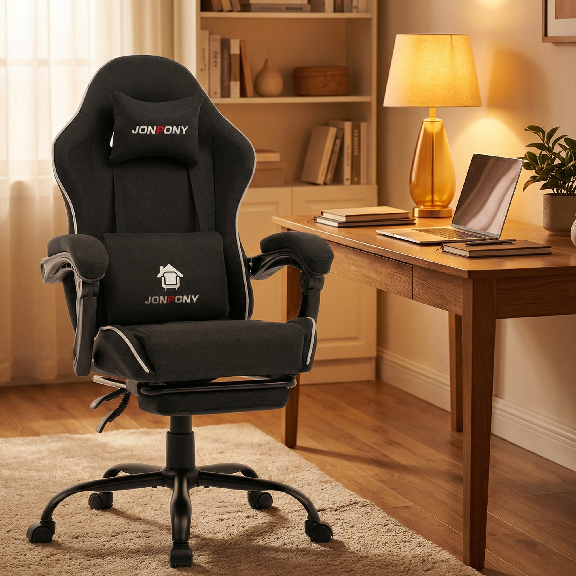 thumbnail video image 2 of JONPONY Gaming Chair,400LBS Fabric Gamer Chair with footrest for Adults, High Back Ergonomic Computer Game Chair with Adjustable Headrest and Lumbar Support,Black, 2 of 9