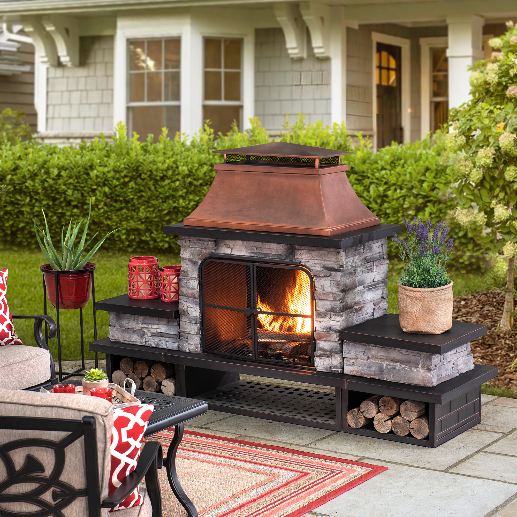 Sunjoy, Outdoor 48 Inch Steel Wood Burning Fireplace with Chimney