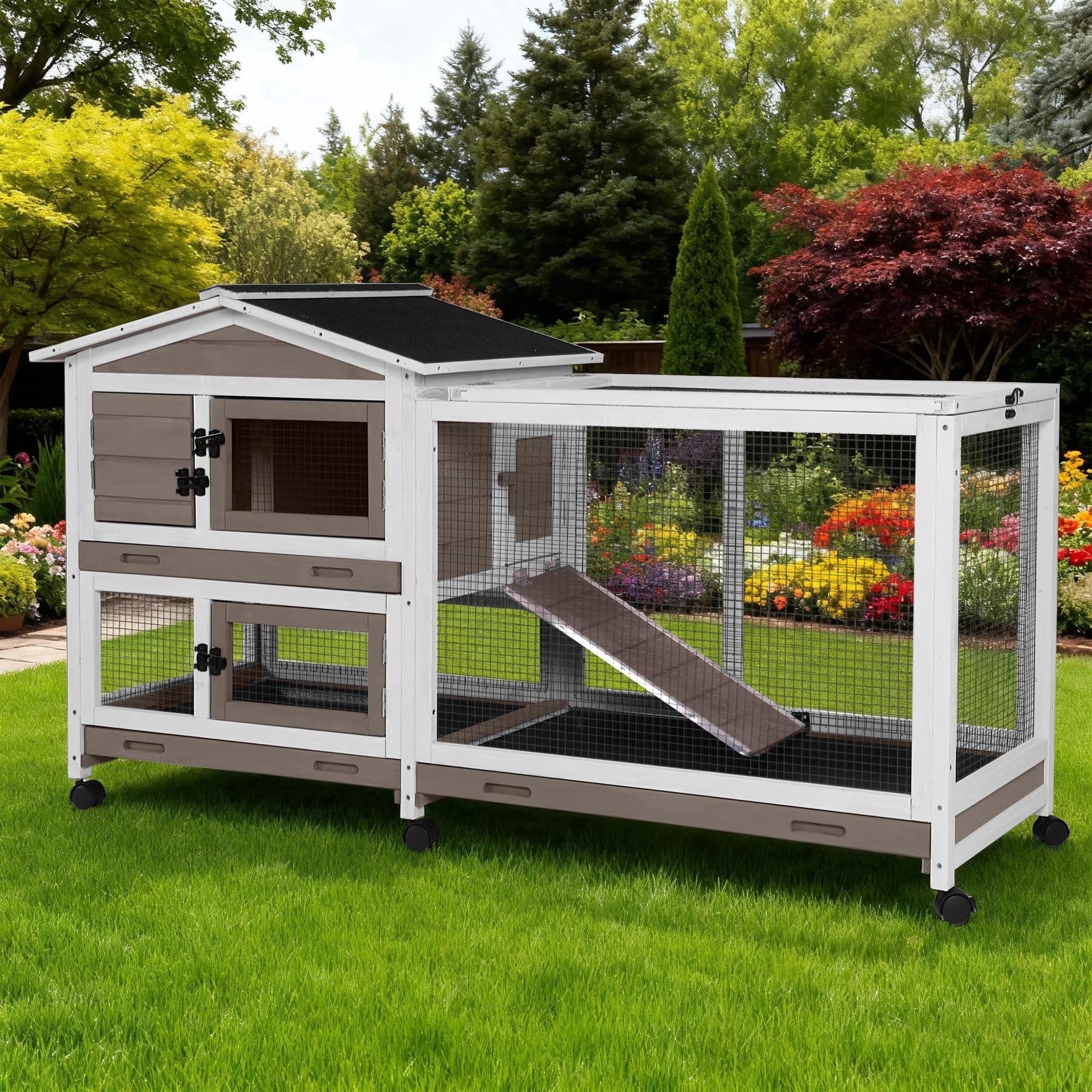 thumbnail video image 2 of Aivituvin Large Rabbit Hutch Indoor, Bunny Cage Outdoor with Chew-Proof Ramp, 2-Story Guinea Pig Cages with 6 Wheels, 3 Pull-Out Trays, Waterproof Asphalt Roof, 62" L - Coffee, 2 of 10