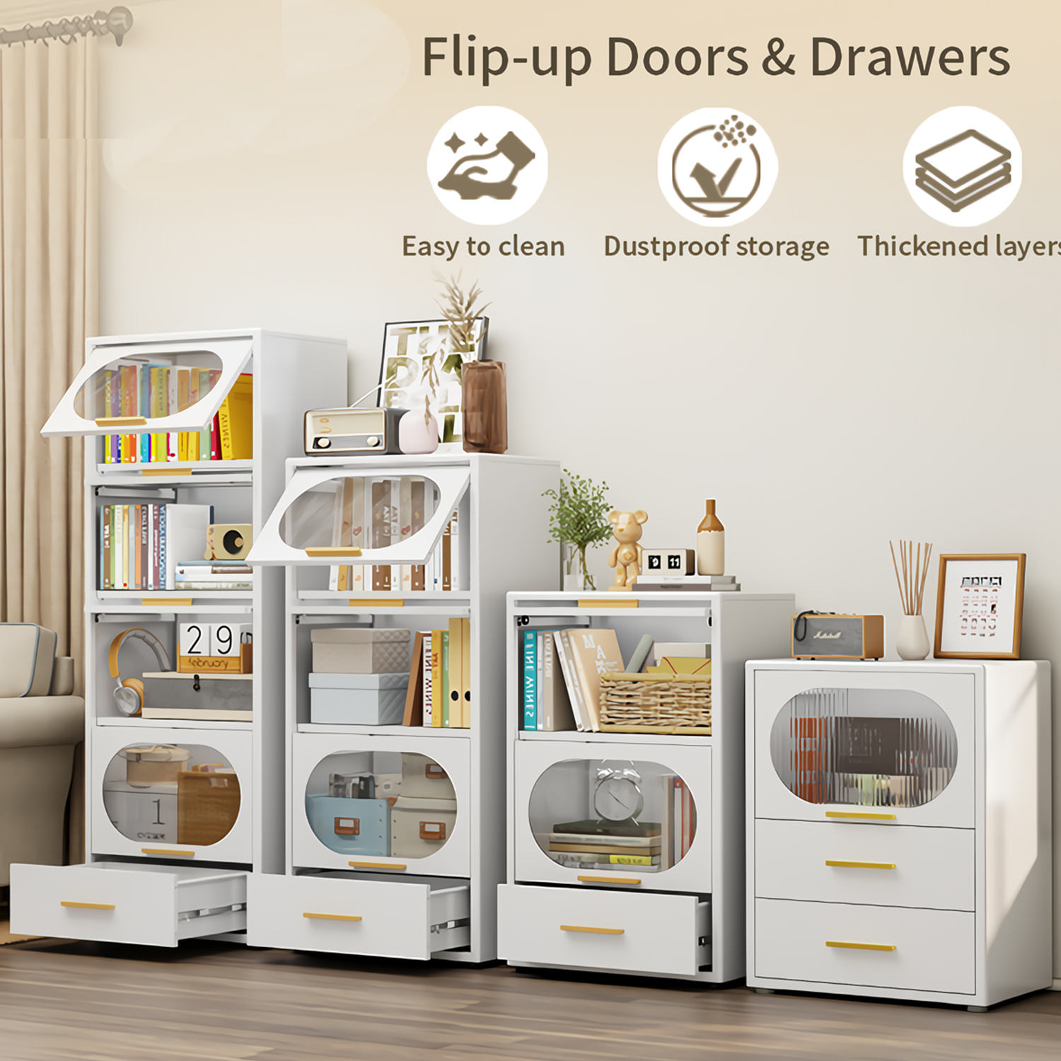 thumbnail video image 2 of JHYKFG 35"H Metal Storage Cabinet, Freestanding Display Cabinet, Small Bookcase with 2 Flip-up Doors&1 Drawer, Multipurpose Cabinet for Kitchen and Office, White,16"D x 22"W x 35"H, 2 of 10