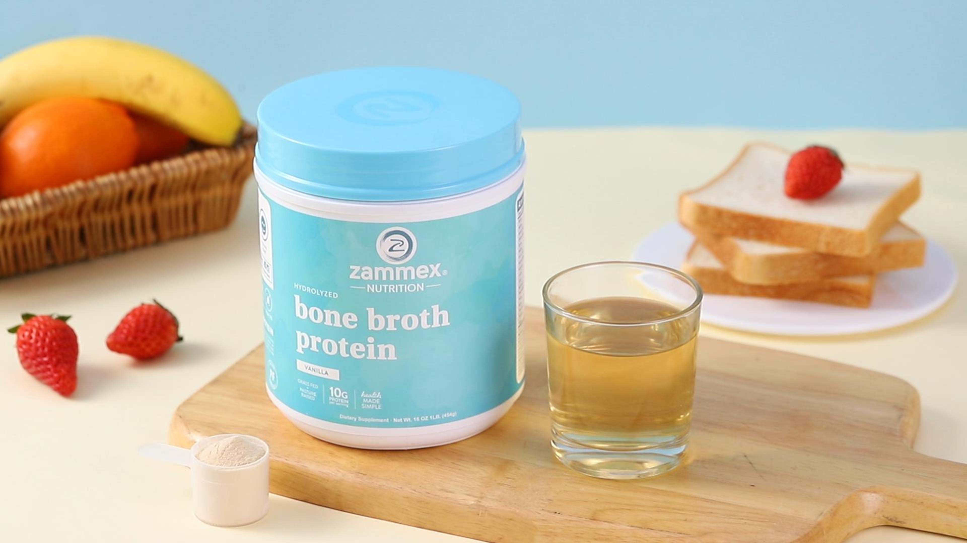 thumbnail video image 2 of Zammex Bone Broth Protein Powder Vanilla 1 lb, Grass Fed Beef Bone Broth Powder With Collagen Peptides Type I & III, Keto Protein Powder, 41 Servings, 2 of 11