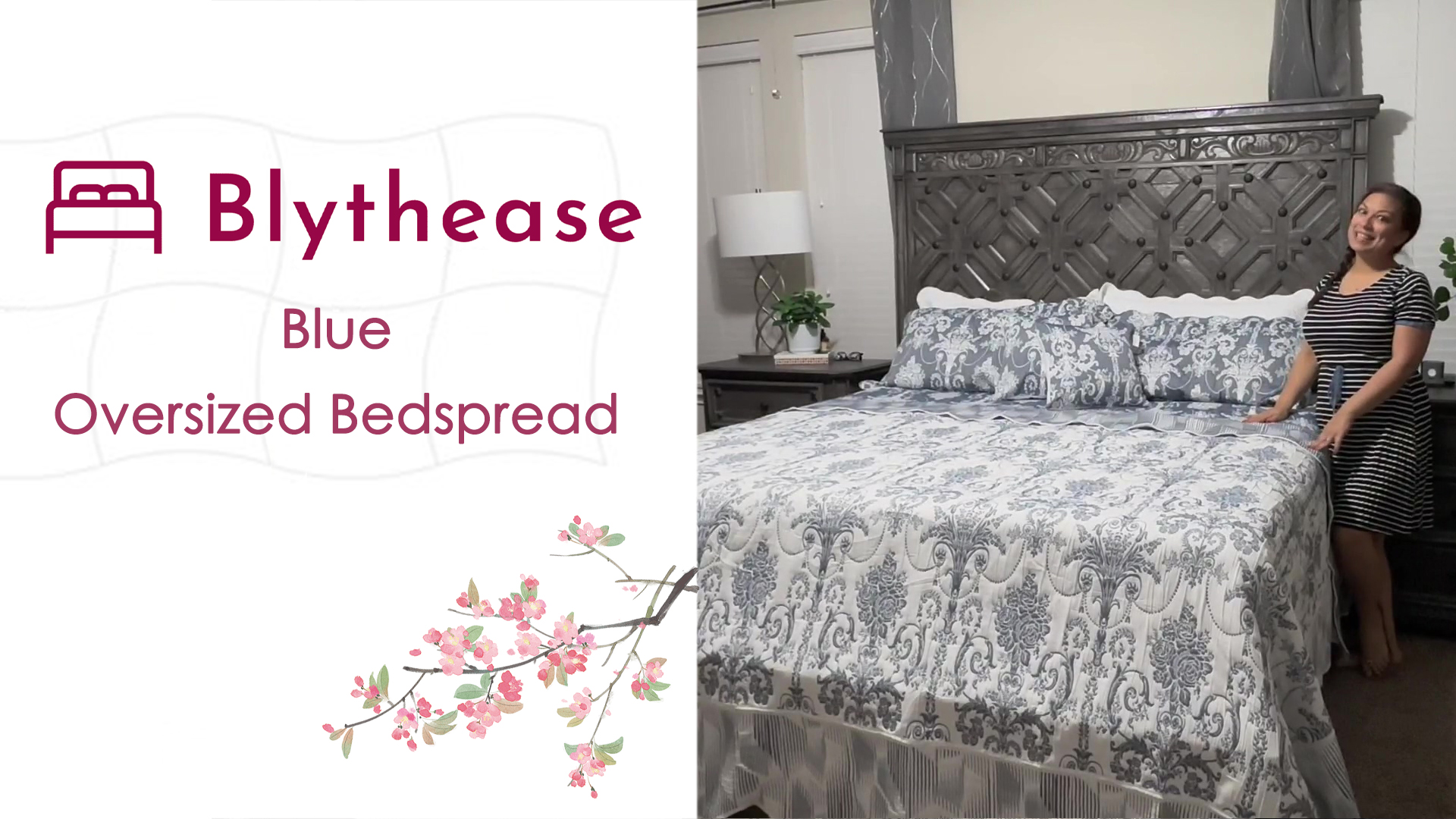 thumbnail video image 2 of Blythease Oversized King Bedspread 128x120 Extra Wide, Jacquard Matelasse Damask Pattern Design, Lightweight, Reversible, 5 Piece, 100% Microfiber, Blue, 2 of 8