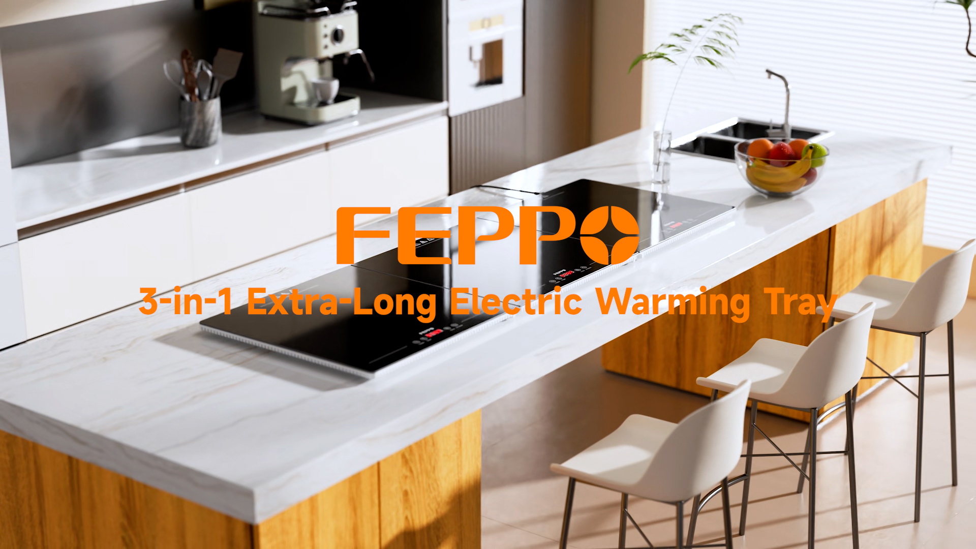 thumbnail video image 2 of FEPPO Electric Food Warming Tray, Extra-Long 47" x 15", 3-in-1 Expandable Modular Warming Mat for Food with Independent Temperature & Timer Controls, Food Warming Mat for Parties & Buffets (White), 2 of 8