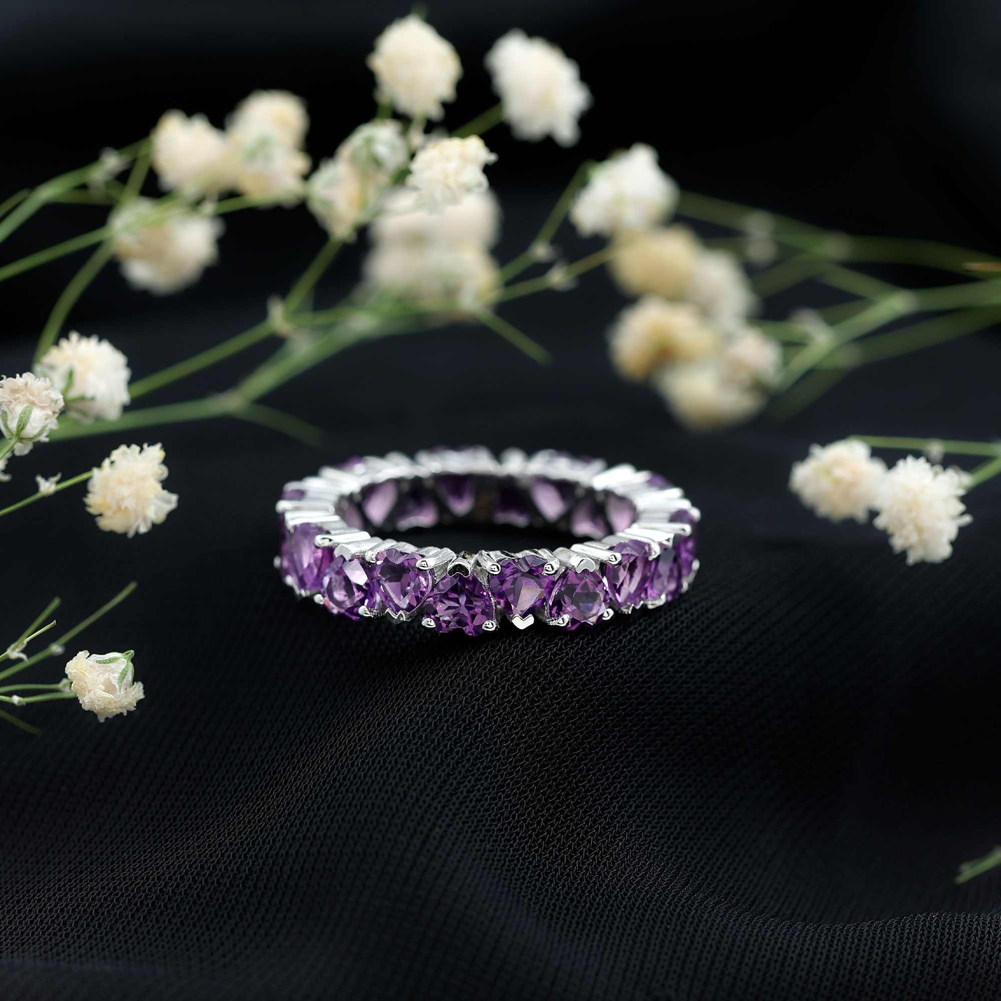 thumbnail video image 2 of Rosec Jewels 6 CT Claw Set Amethyst Ring, Heart Shape Amethyst Gold Eternity Ring for Women, 14K White Gold, US 6.50, 2 of 8