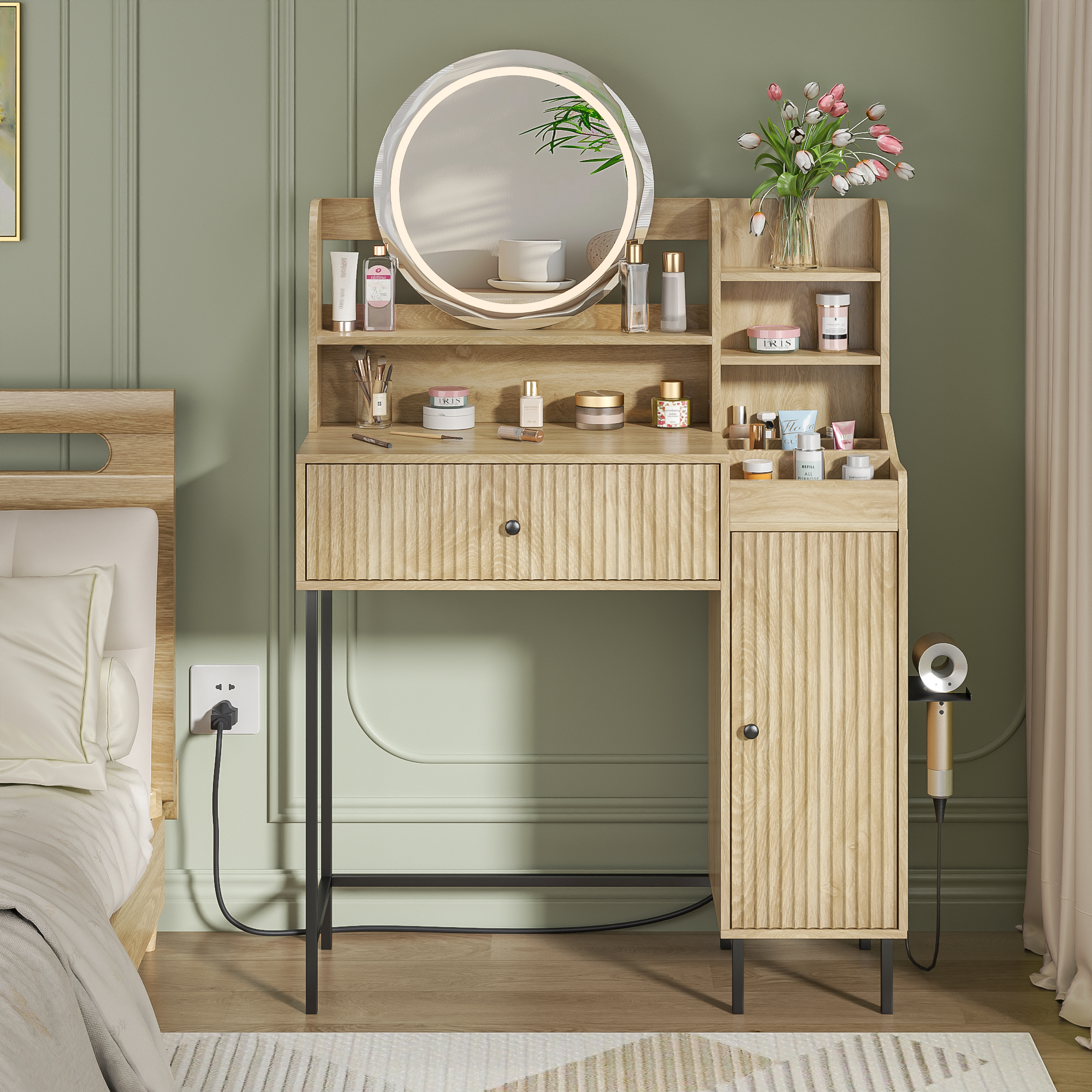 thumbnail video image 2 of Modern Makeup Vanity Desk with Mirror and Light, Fluted Vanity Table with Drawer and Cabinet, Dresser with Hairdryer Holder & Power Outlet & Shelves, 3 Lighting Modes, for Bedroom, 2 of 9