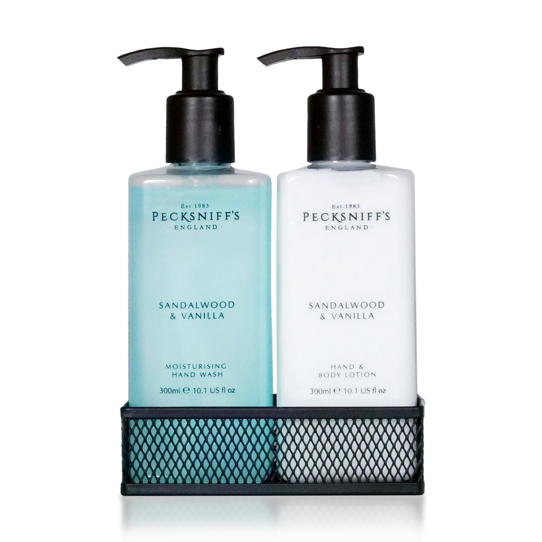 thumbnail video image 2 of Pecksniffs Sandalwood and Vanilla Moisturizing Hand Wash and Hand Lotion in a Black Mesh Caddy | 300ml/10.14 Fl oz, 2 of 10