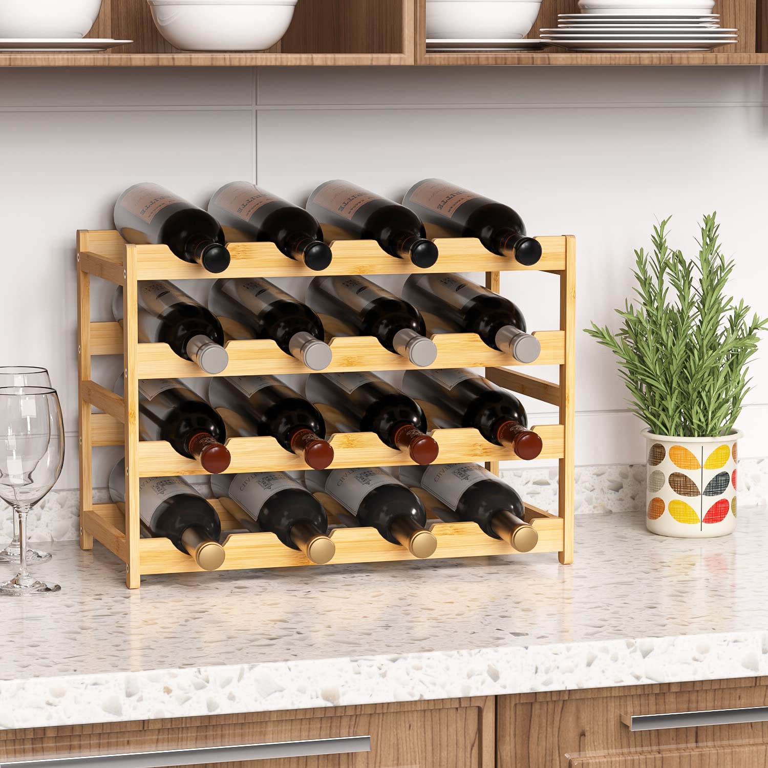 thumbnail video image 2 of Bambloom Wine Rack,Bamboo Freestanding Floor Wine Bottle Holder,4-Tier Wine Storage Racks,Black, 2 of 8