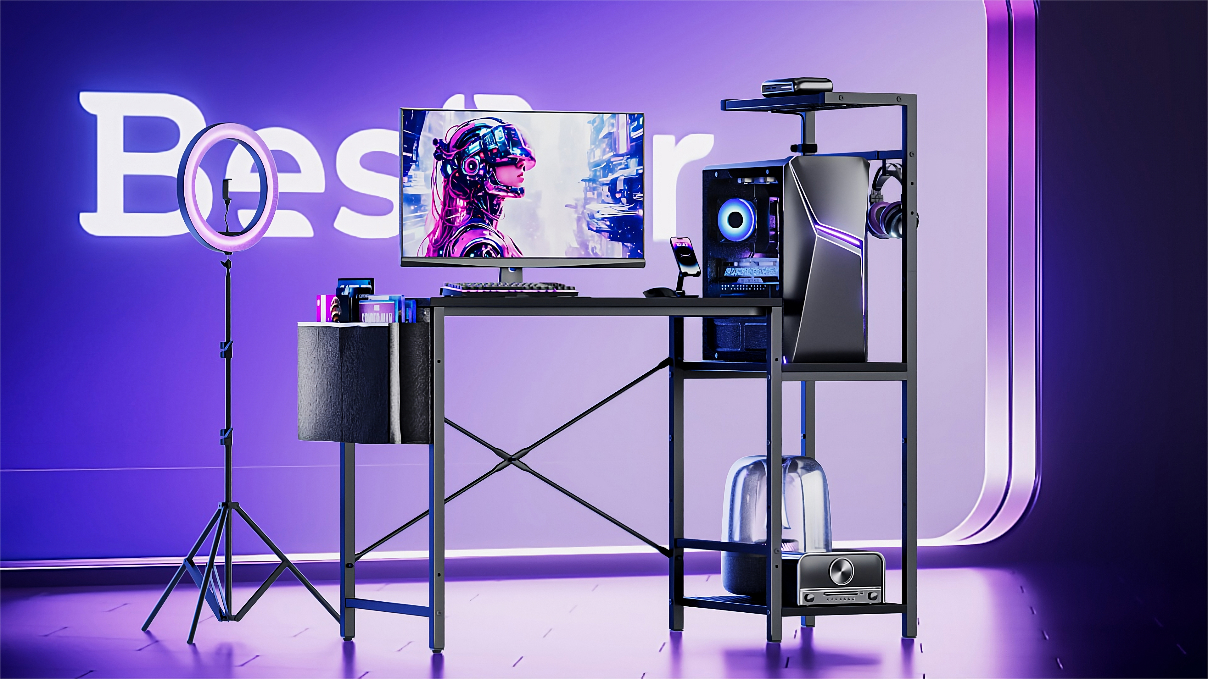 thumbnail video image 2 of Bestier Gaming Desk with LED Lights, 44'' Computer Desk with Reversible Shelves, PC Gamer Desk with Side Storage Bag, Hooks and Height Adjustable Shelf for Home Office, Carbon Fiber Black, 2 of 10