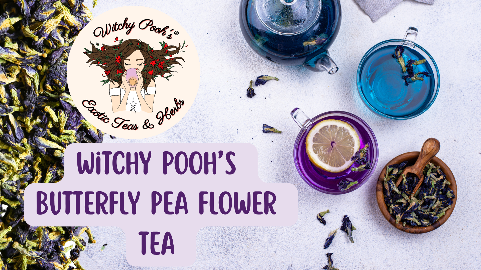 thumbnail video image 2 of Witchy Pooh's Butterfly Pea Flower Loose Leaf Tea, Caffeine Free, 3oz Pouch, 2 of 20