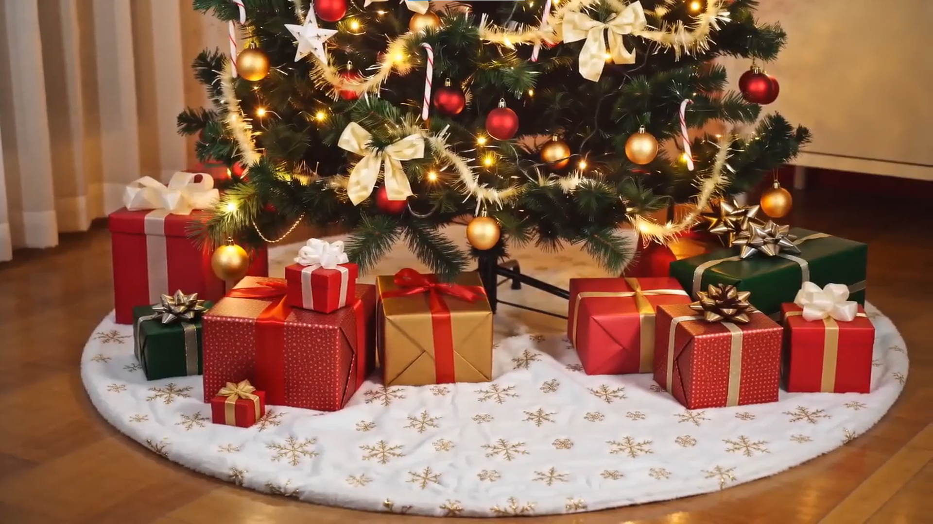 thumbnail video image 2 of Ayieyill Christmas Tree Skirt, 36 Inches Faux Fur White Christmas Tree Skirt for Christmas Tree Decorations Xmas Tree Skirt (Gold Snowflake), 2 of 8