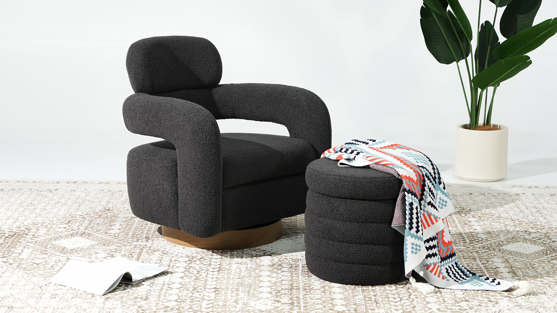 thumbnail video image 2 of WestinTrends Alexandria Mid-Century Modern Sherpa Swivel Barrel Accent Chair With Storage Ottoman, Light Gray, 2 of 7