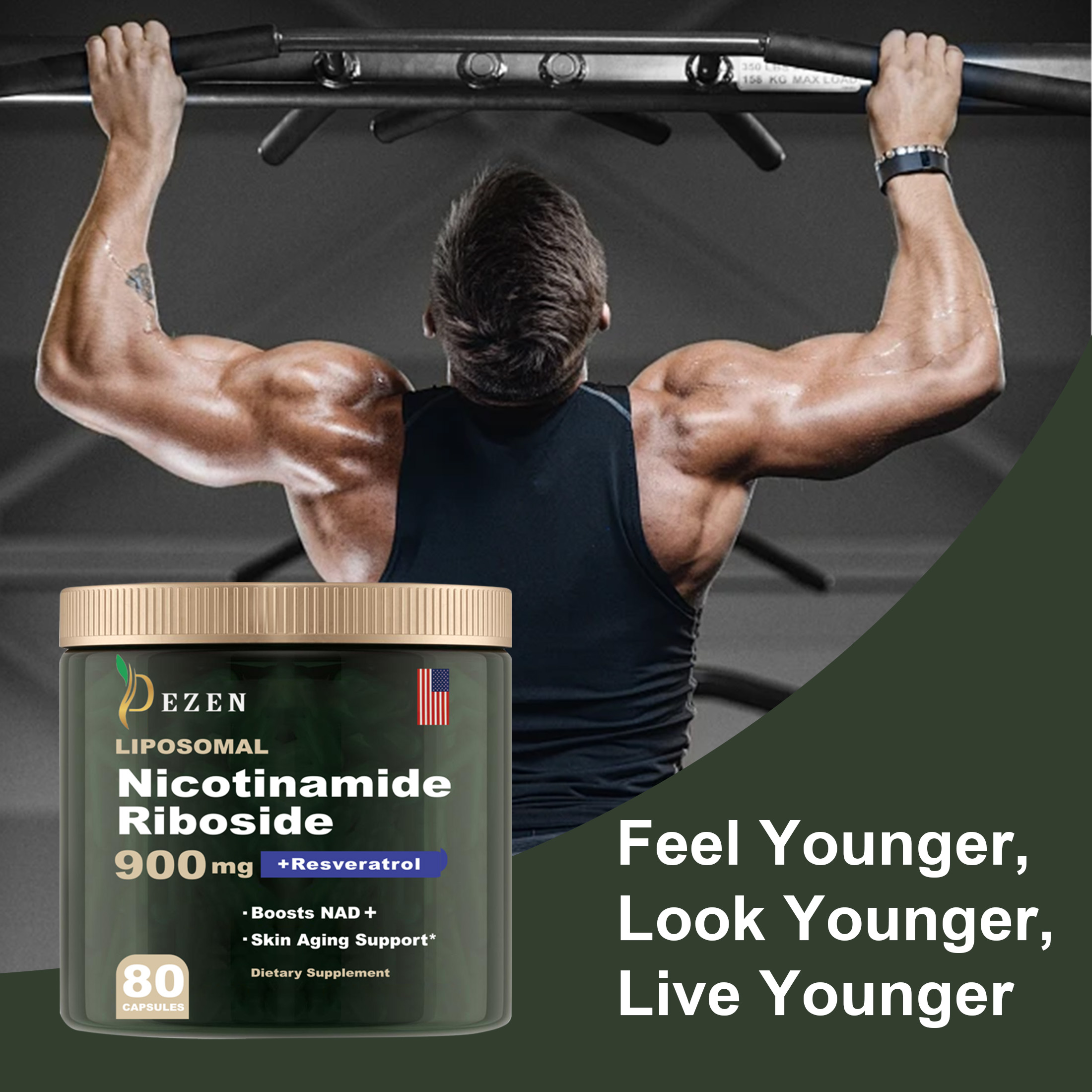 thumbnail video image 2 of DEZEN 2Pcs NAD+ Supplement Alternative, Liposomal Nicotinamide Riboside, Resveratrol & Quercetin, 160 Capsules, 2 of 9