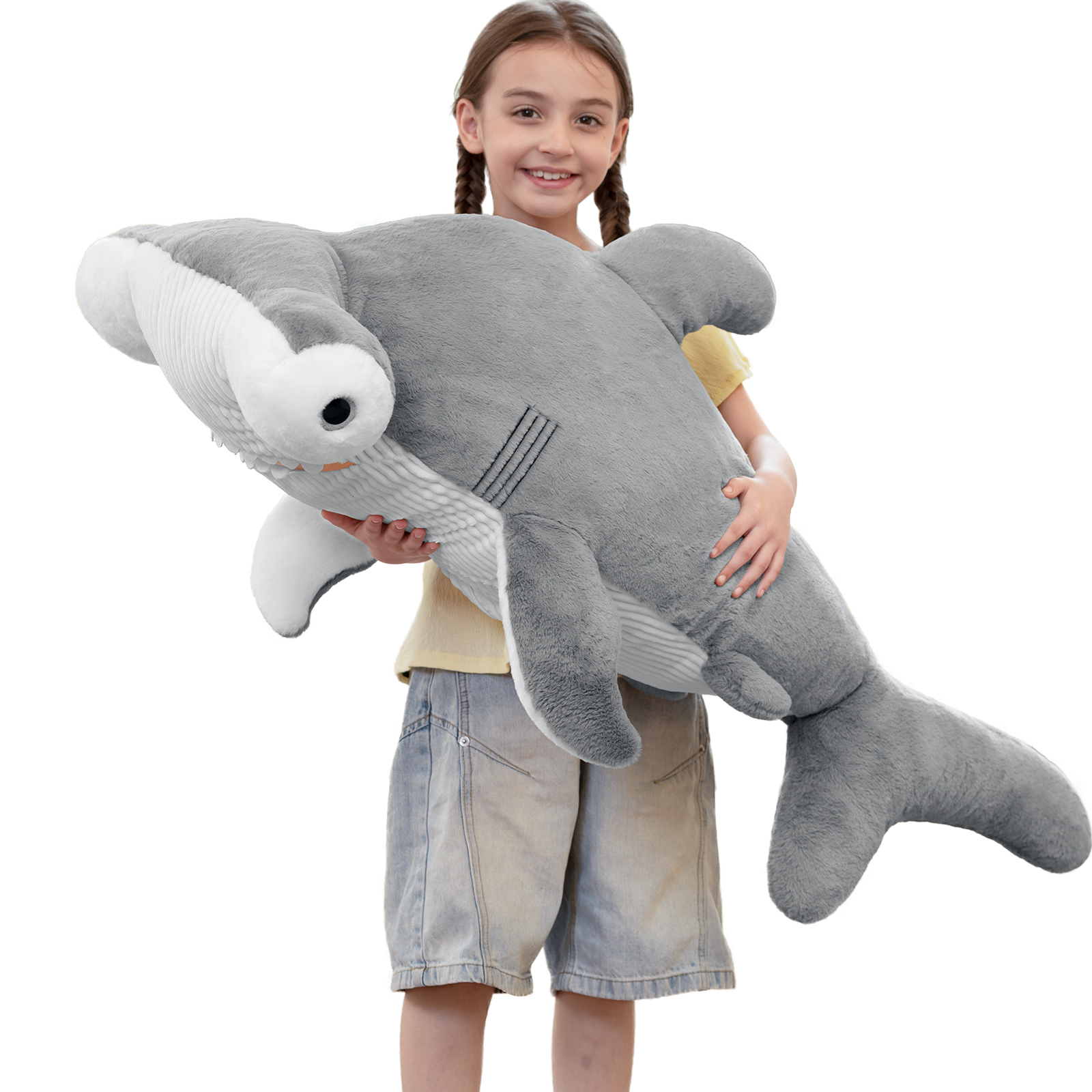 thumbnail video image 2 of MaoGoLan 43'' Giant Hammerhead Shark Stuffed Animal Big Shark Body Pillow Toy, 2 of 10