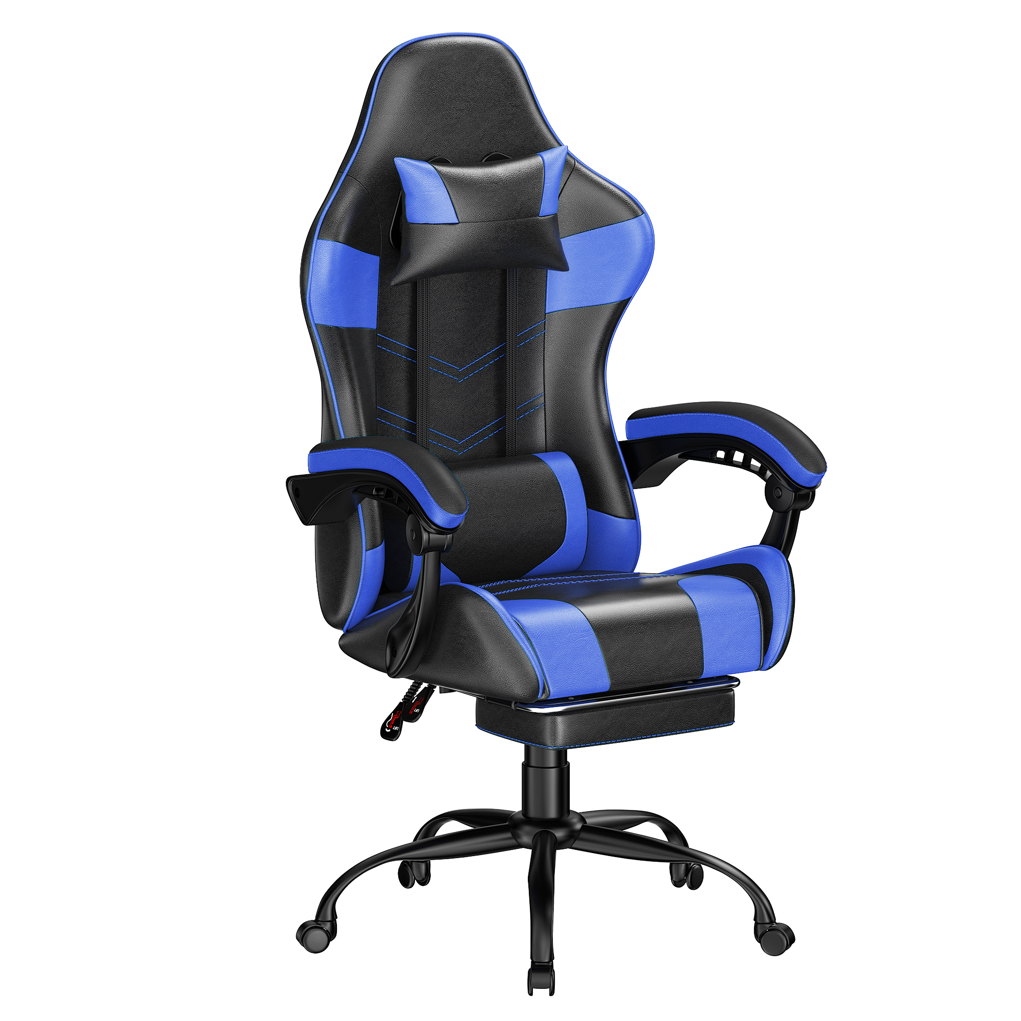 thumbnail video image 2 of Frovlni Ergonomic Gaming Chair with Footrest for Adults, Height Adjustable High Back Reclining PU Leather Office Chair with Headrest and Lumbar Support, Black & Blue, 2 of 10