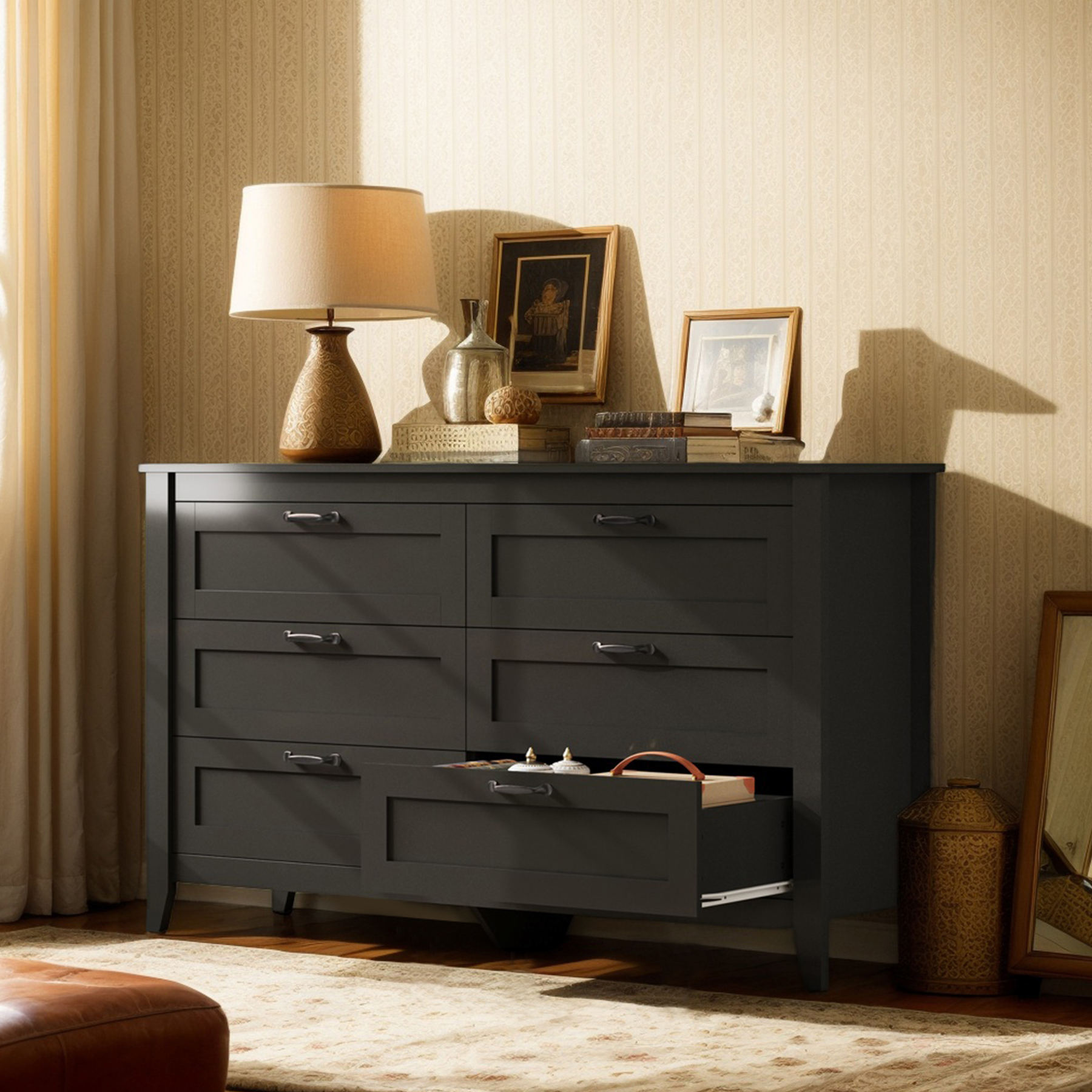 thumbnail video image 2 of GALAXHERO 6-Drawer Double Wood Dresser - Farmhouse Chest of Drawers with Metal Handles for Bedroom, Living Room, Entryway, Brown, 2 of 10