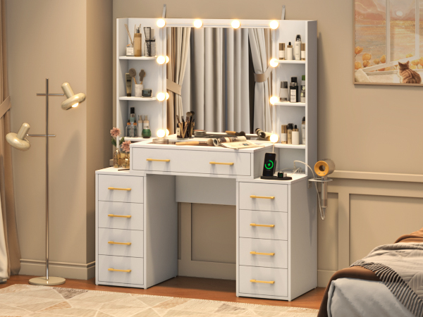 thumbnail video image 2 of White Vanity Desk with Mirror & LED Lights, Glass Top Vanity Desk with Charging Station & Compartment Storage Drawers, 43" Large Makeup Vanity Table with 9 Drawers & 6 Shelves, 2 of 8