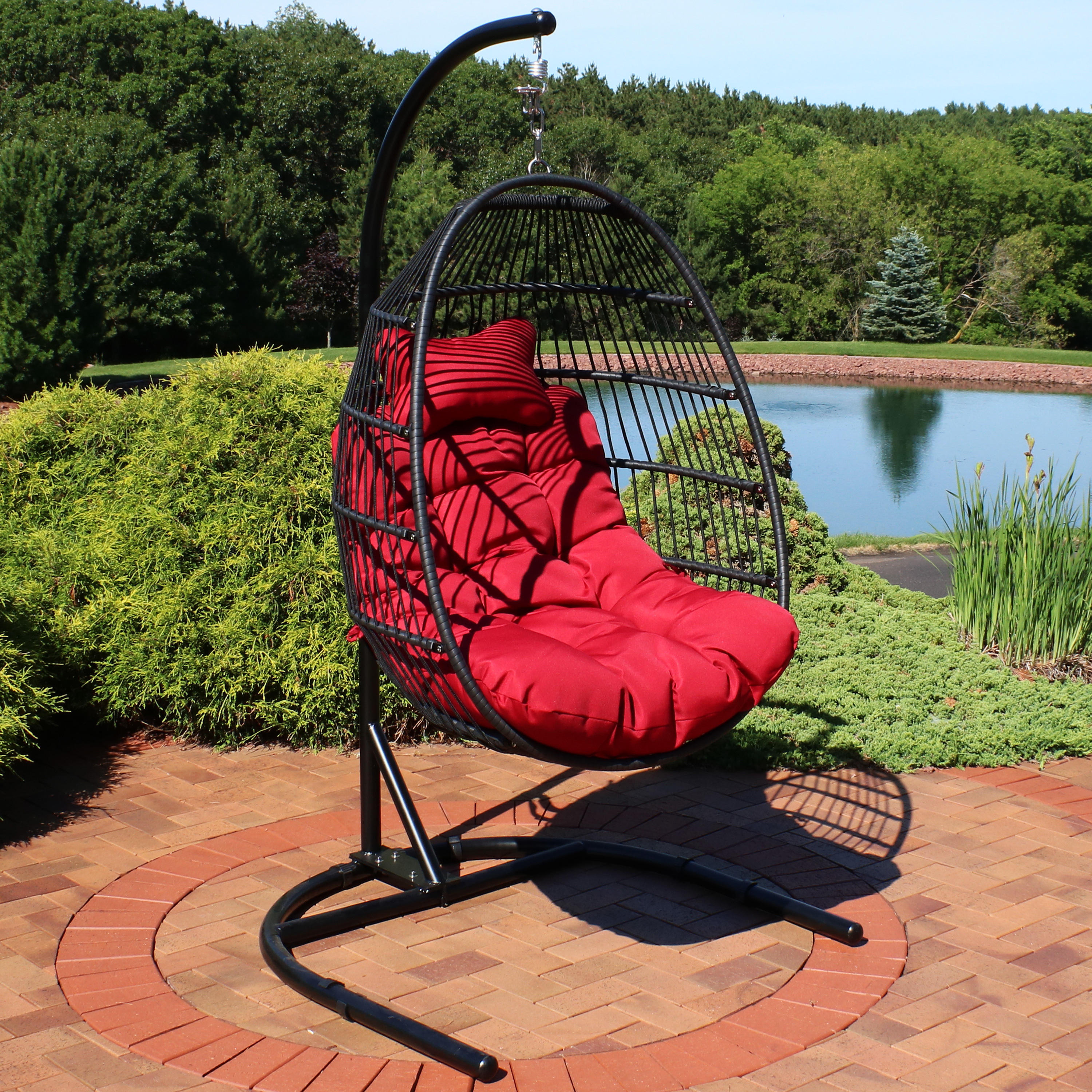 thumbnail video image 2 of Sunnydaze Julia Polyethylene Wicker Egg Hanging Chair with Cushions and Stand, Red, 2 of 8