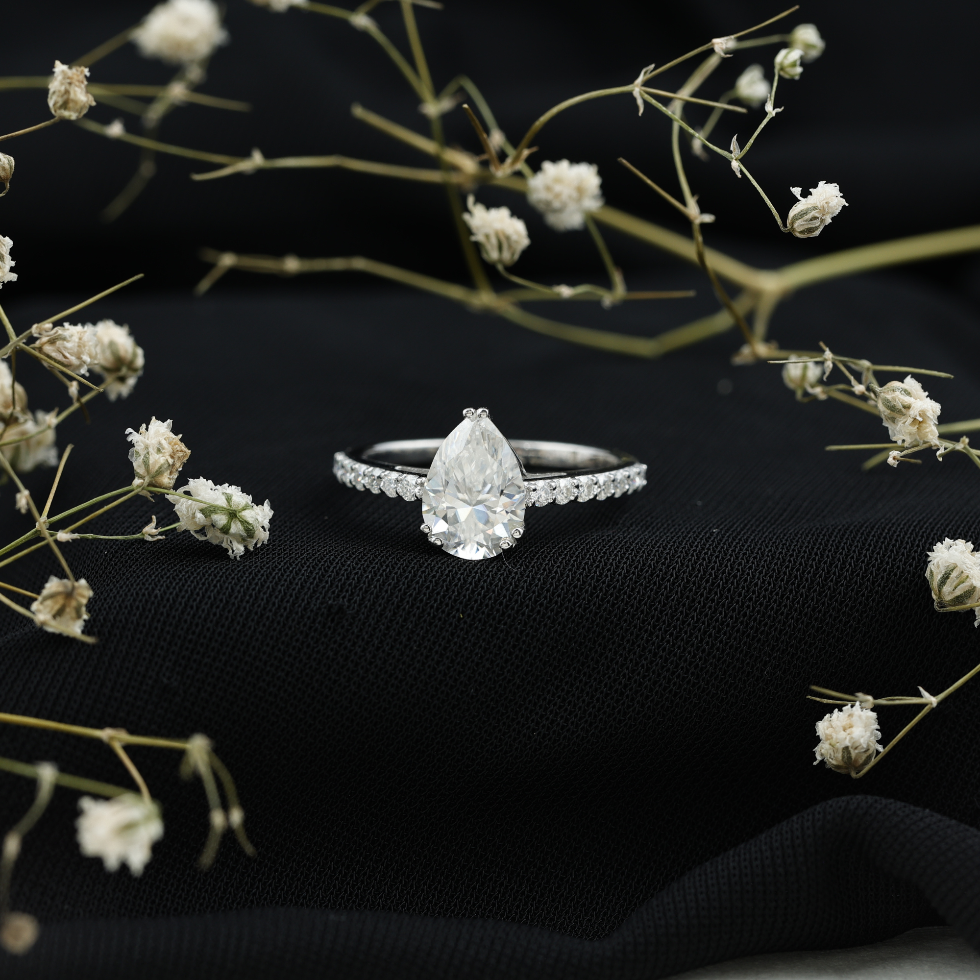 thumbnail video image 2 of Rosec Jewels Statement Teardrop Moissanite Engagement Ring with Side Stones - 2 Ct - 7x10 mm, 14K Yellow Gold, US 10.00, 2 of 9