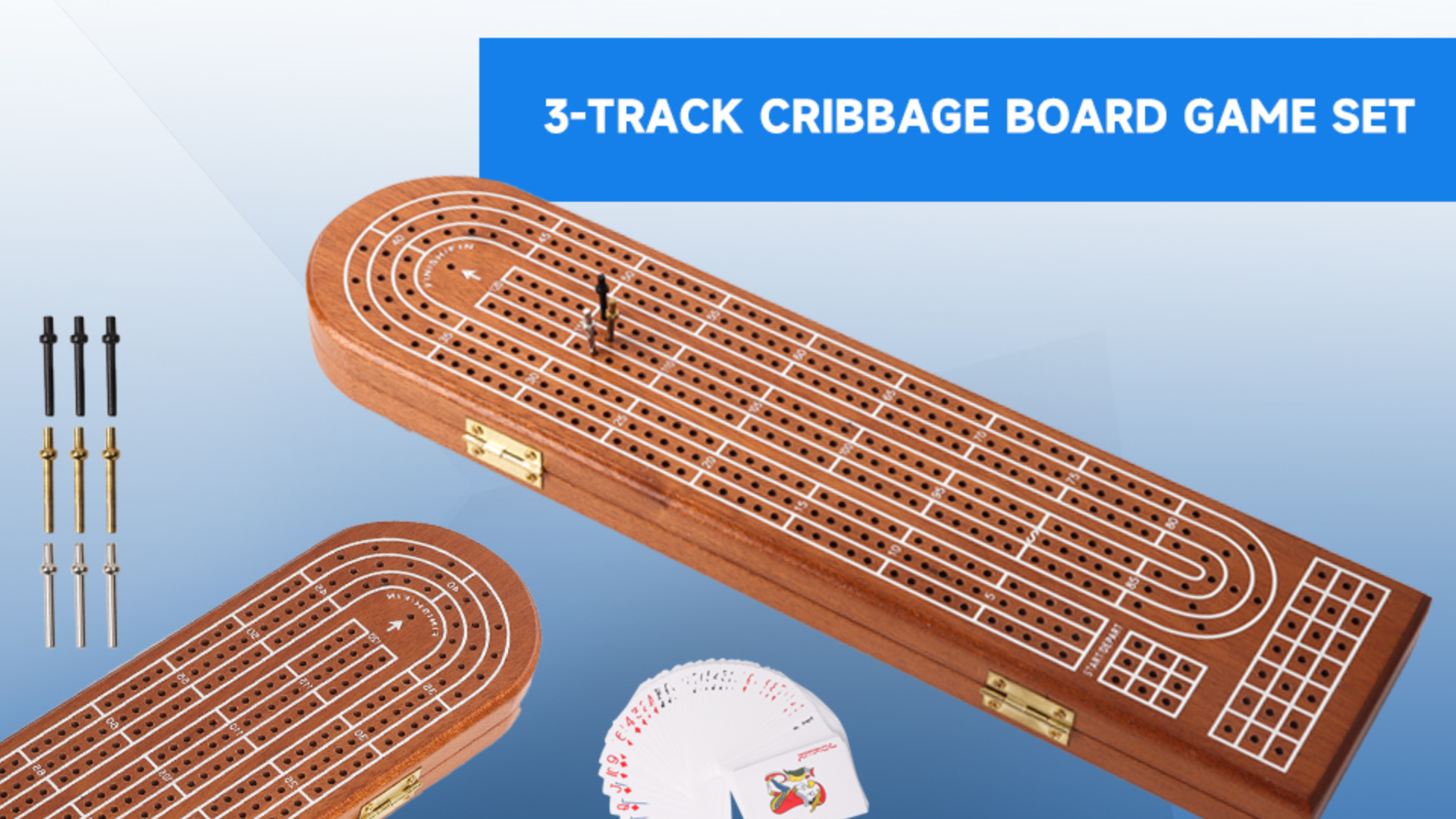 thumbnail video image 2 of GSE Games & Sports Expert 3-Track Wooden Cribbage Board Game Classic Three-Person Cribbage Board Game with Playing Cards, Metal Pegs and Storage Area for Friends and Family Game, 2 of 8