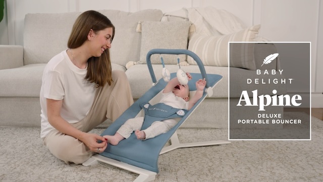 thumbnail video image 3 of Baby Delight Alpine Deluxe Portable Baby Bouncer, for Infants 0-6 Months, Charcoal Tweed, 3 of 12