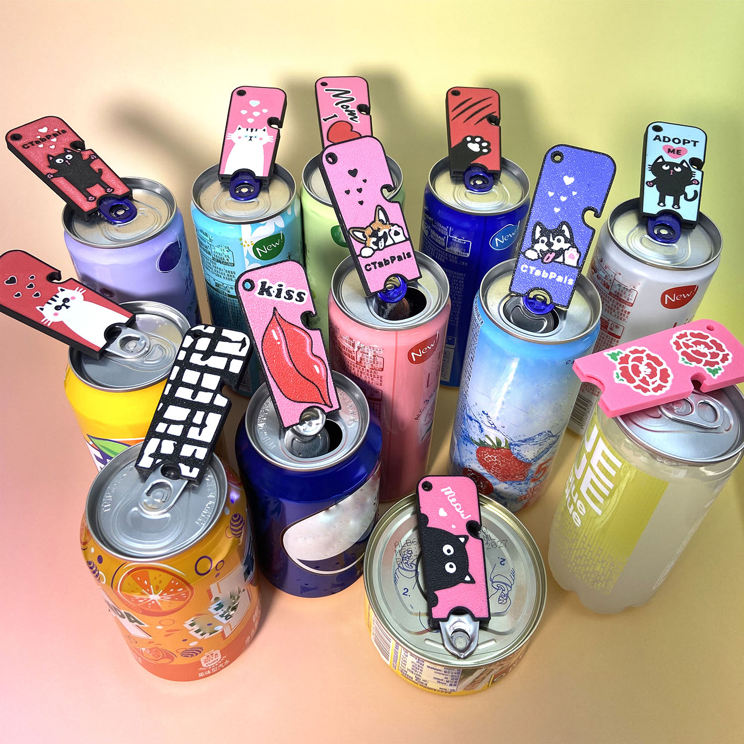 thumbnail video image 2 of 2 in 1 Easy Can Tab Opener Soda Can Opener with Keychain Strap Help for Long Nails,Kids,Sore Hands,Arthritis Cat Face Blue, 2 of 6