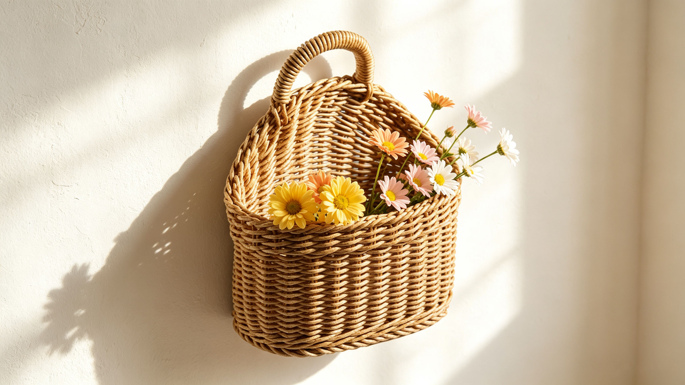 thumbnail video image 2 of Natural Seagrass Wall Hanging Basket Wicker Woven Storage Basket Handmade Willow Planter Basket Farmhouse Flower Vase with Handle for Home Garden Wedding Wall Decor, 2 of 6