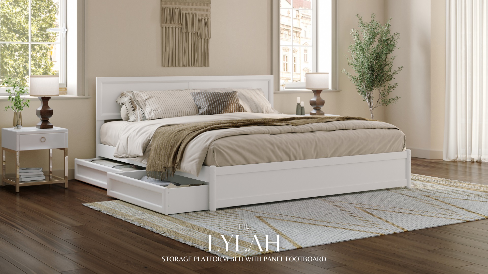 thumbnail video image 2 of AFI Lylah Full Wood Platform Bed with Panel Footboard and Storage Drawers, Light Toffee, 2 of 17