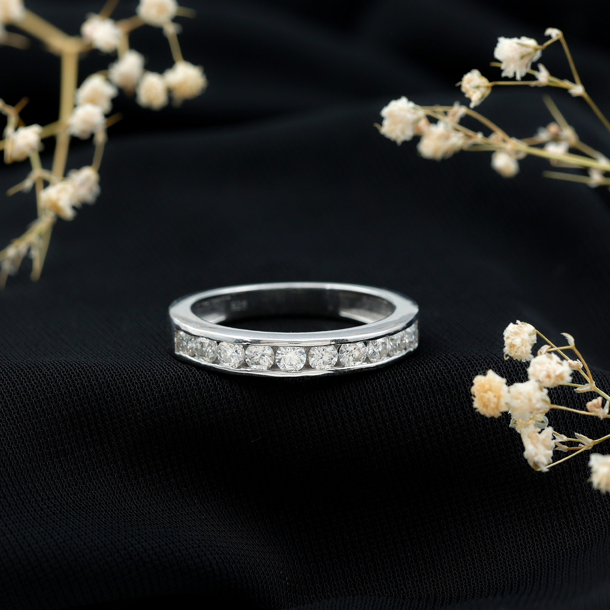 thumbnail video image 2 of Rosec Jewels Certified Moissanite Half Eternity Band Ring for Women - D Color VS1 Clarity, 18K White Gold, US 12.50, 2 of 8