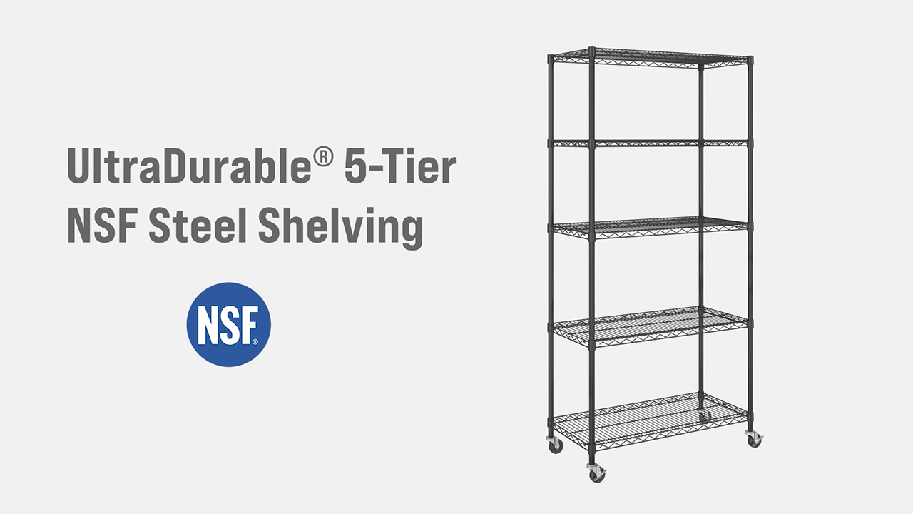 thumbnail video image 2 of Seville Classics UltraDurable® 5-Tier NSF Steel Wire Shelving, 36" W x 18" D, Black, 2 of 10