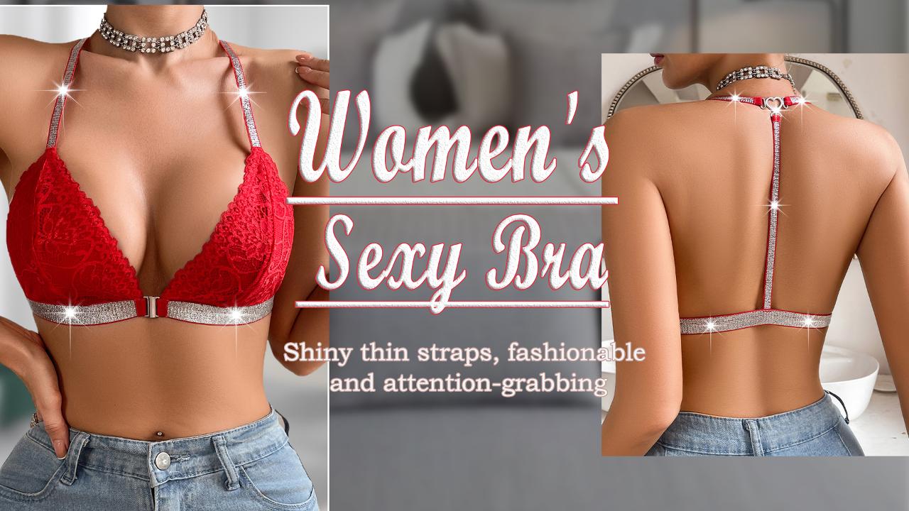 thumbnail video image 2 of Aivtalk Womens Sparkly Bedazzled Bras Lace Wireless Lightly Lined Triangle Bralettes Ladies Front Closure Racerback Lingerie Red M, 2 of 7