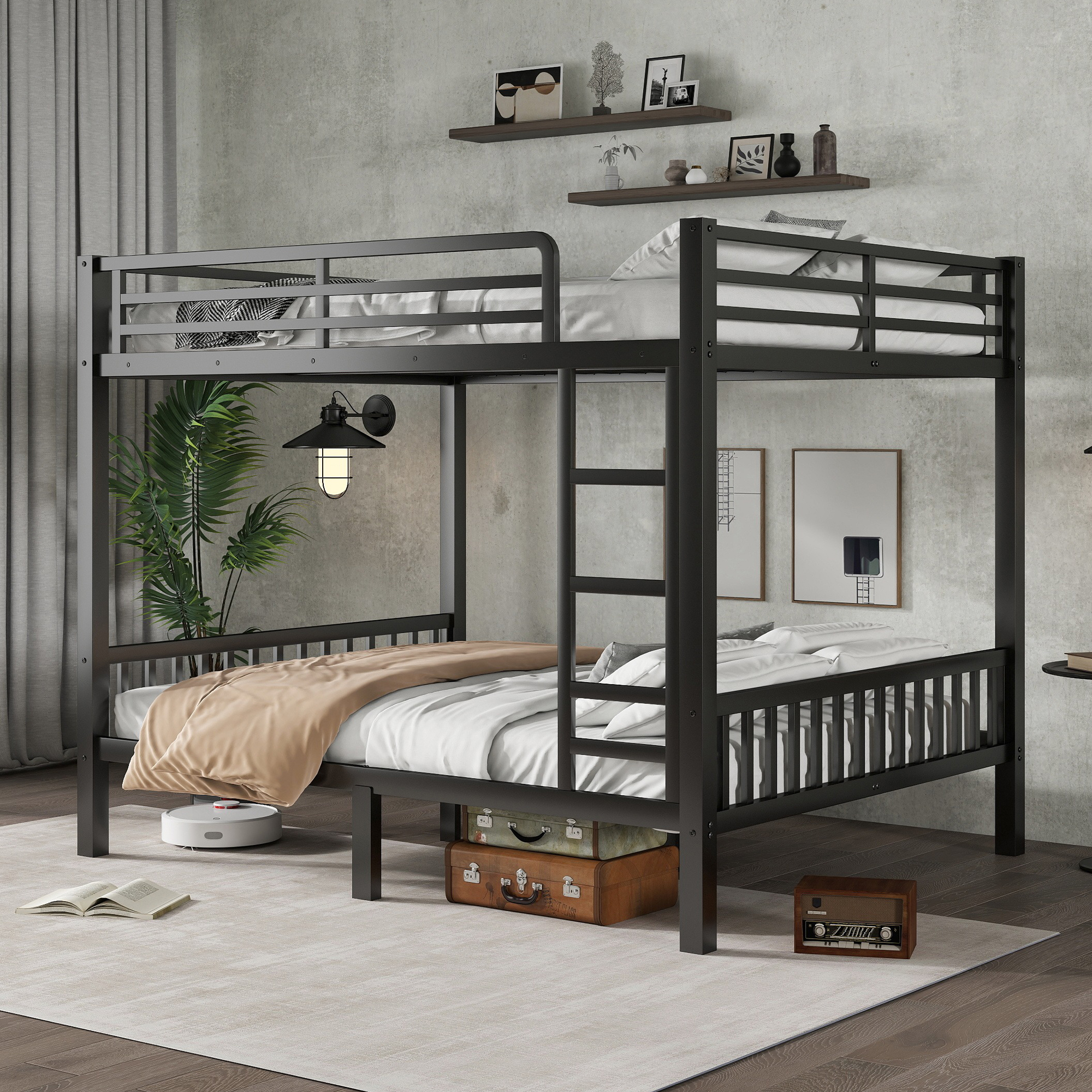 thumbnail video image 2 of Mirightone Queen Over Queen Bunk Bed for Adults, Heavy-Duty Metal Bunk Bed Frame with Ladder, Upper storage, High Guardrail and Slats Support, No Box Spring Needed, Black, 2 of 9
