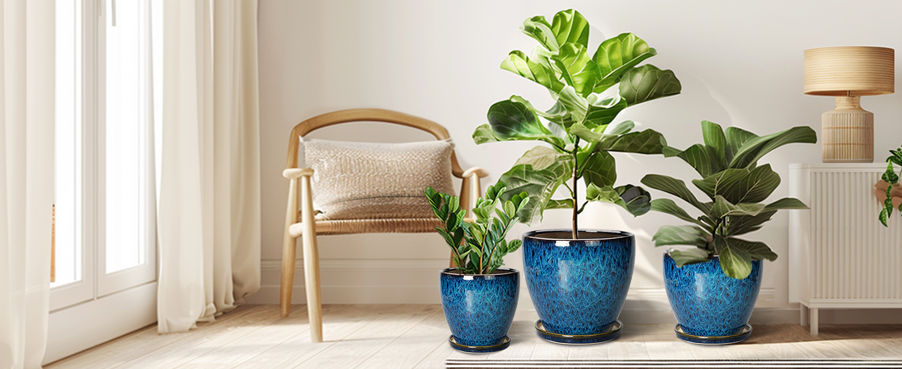 thumbnail video image 2 of 6/8/10 inch Ceramic Planters -Set of 3 with Drainage Hole & Saucer,Modern Round Pots for Indoor Plants for Succulents & Flowers Home Decor Accent Blue Glaze, 2 of 8