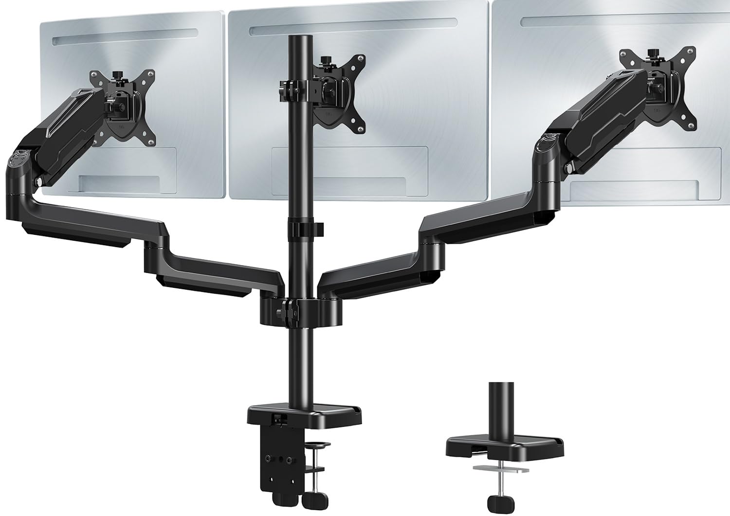 thumbnail video image 2 of HOMOUNT Triple Monitor Mount for 3 Screens up to 32 Inch, Full Motion Gas Spring Triple Monitor Stand, Heavy Duty Monitor Arm Hold up to 19.8lbs Each, 2 of 10