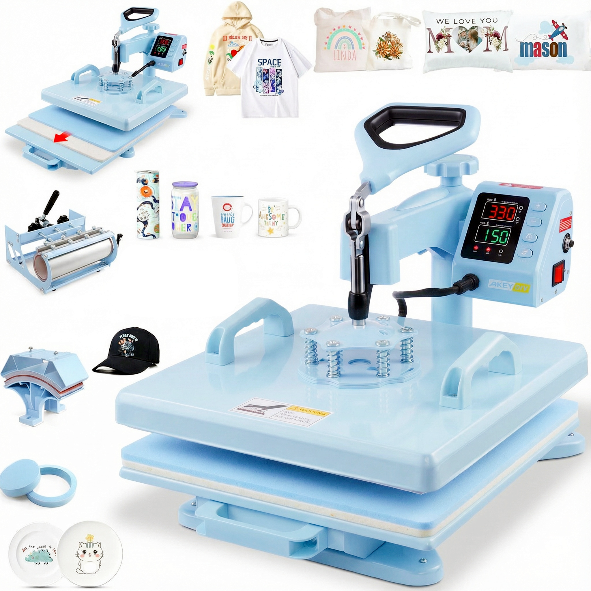 thumbnail video image 2 of Adnoom Heat Press 15x15, 5 in 1 Multifunctional Shirt Press Machine Combo, 360° Swing Away Sublimation Heat Transfer with LED Display for T-shirts Mugs Hat Plate Cap, 2 of 10