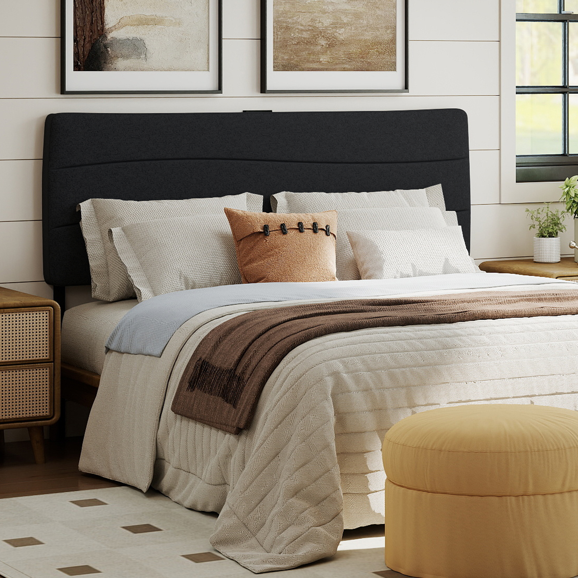 thumbnail video image 2 of JONPONY Twin Size Wave Ergonomic Upholstered Headboard, with USB and Type-C Ports, Adjustable Height, Easy Assembly, Black, 2 of 9