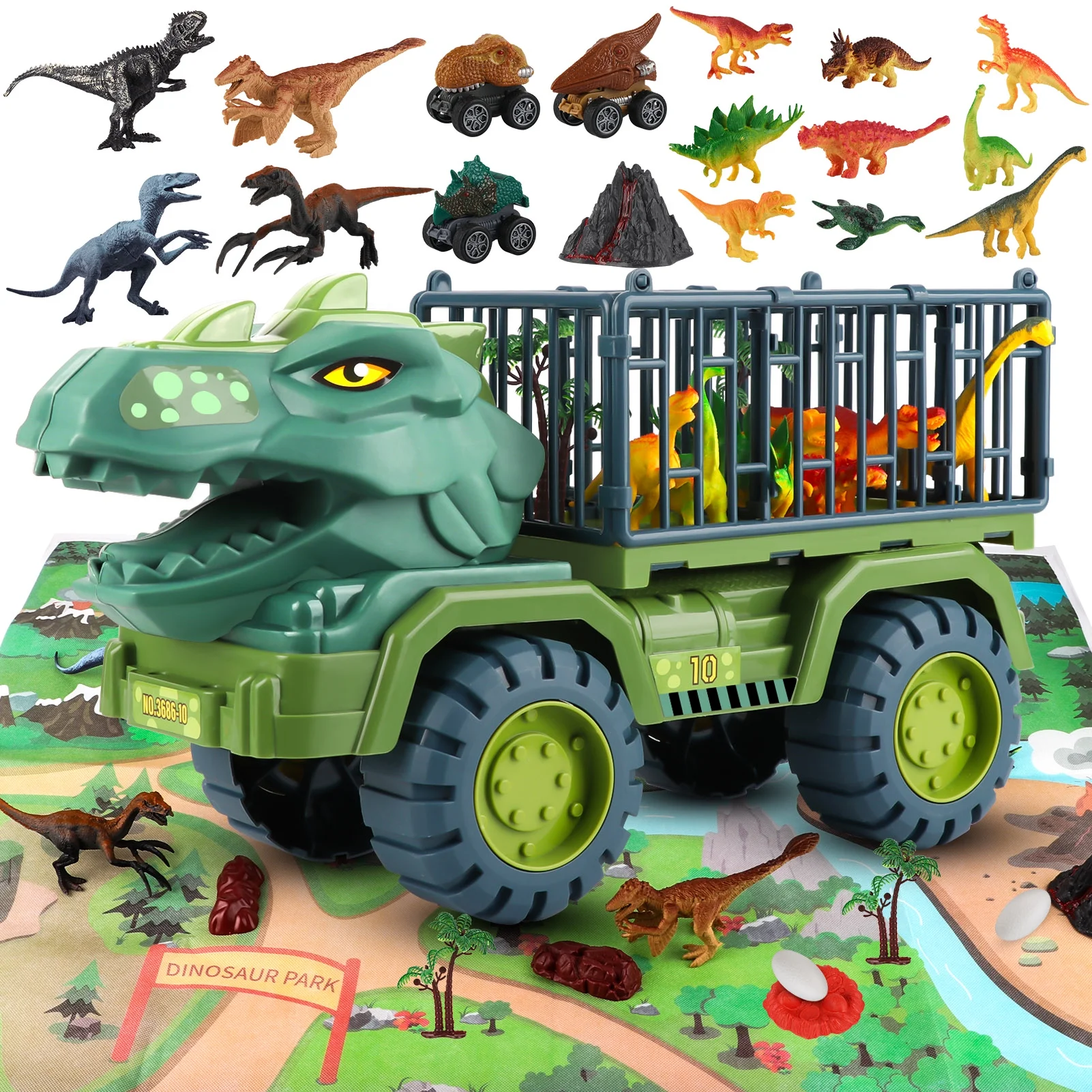 thumbnail video image 2 of KiddiTouch Dinosaur Toys for Kids 3-5, Monster Truck with Carrier Car and 16 Dinosaurs, Dino Transport Cars Playset Gifts Toys for 3 Year Old Boys, 2 of 8