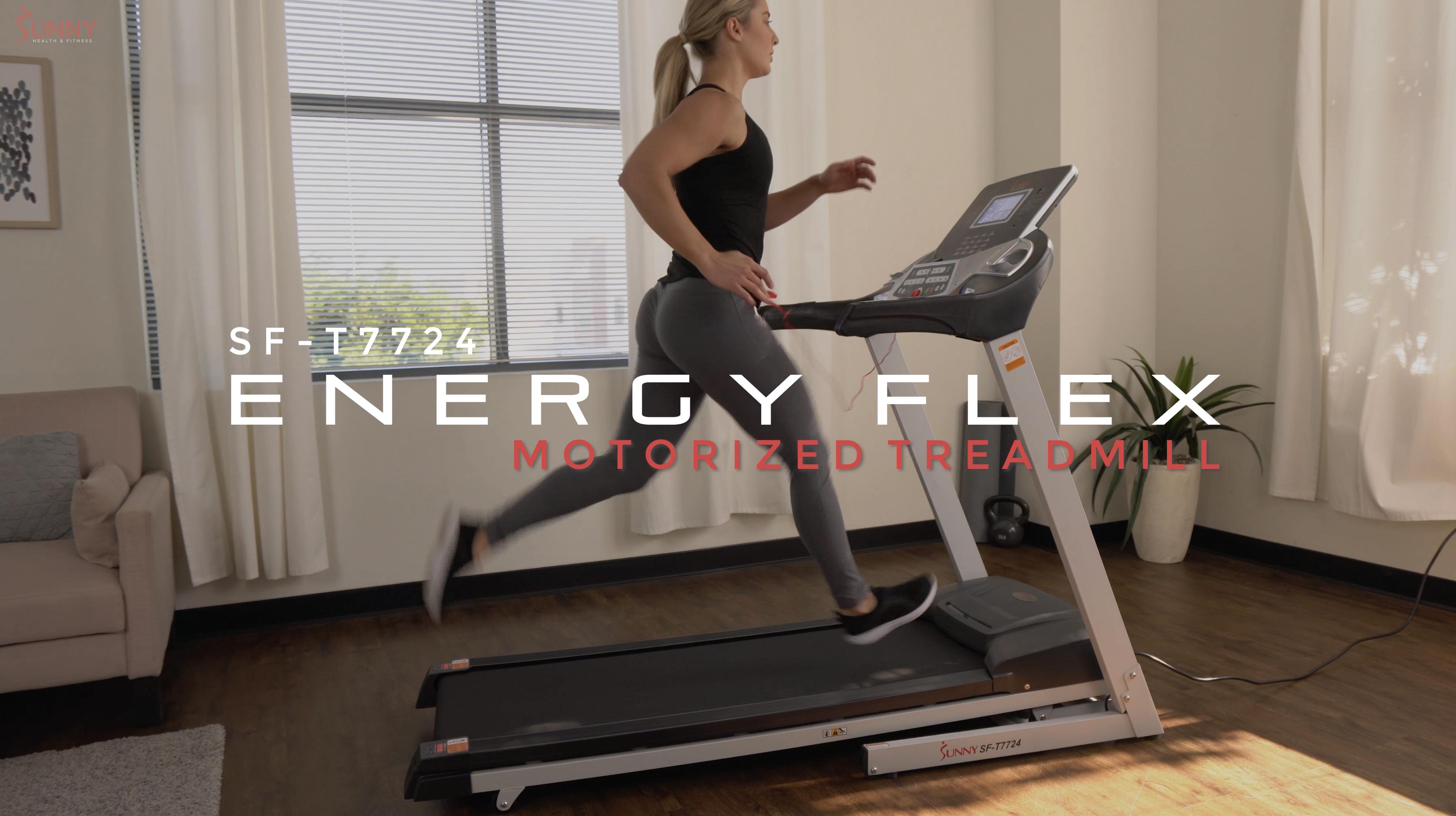 thumbnail video image 2 of Sunny Health & Fitness Energy Motorized Incline Treadmill, Portable Folding Home Exercise Machine, Walking, Running, SF-T7724, 2 of 11
