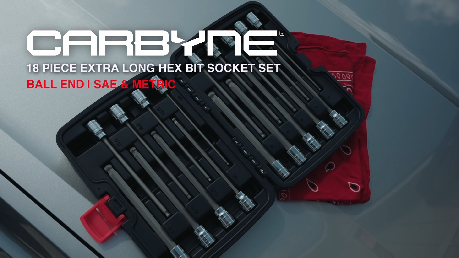 thumbnail video image 2 of CARBYNE 18-Piece Metric & SAE Ball End Extra Long Hex Bit Socket Set (3mm to 10mm Metric, 1/8 to 3/8 inch SAE), 3/8" Drive, 2 of 9