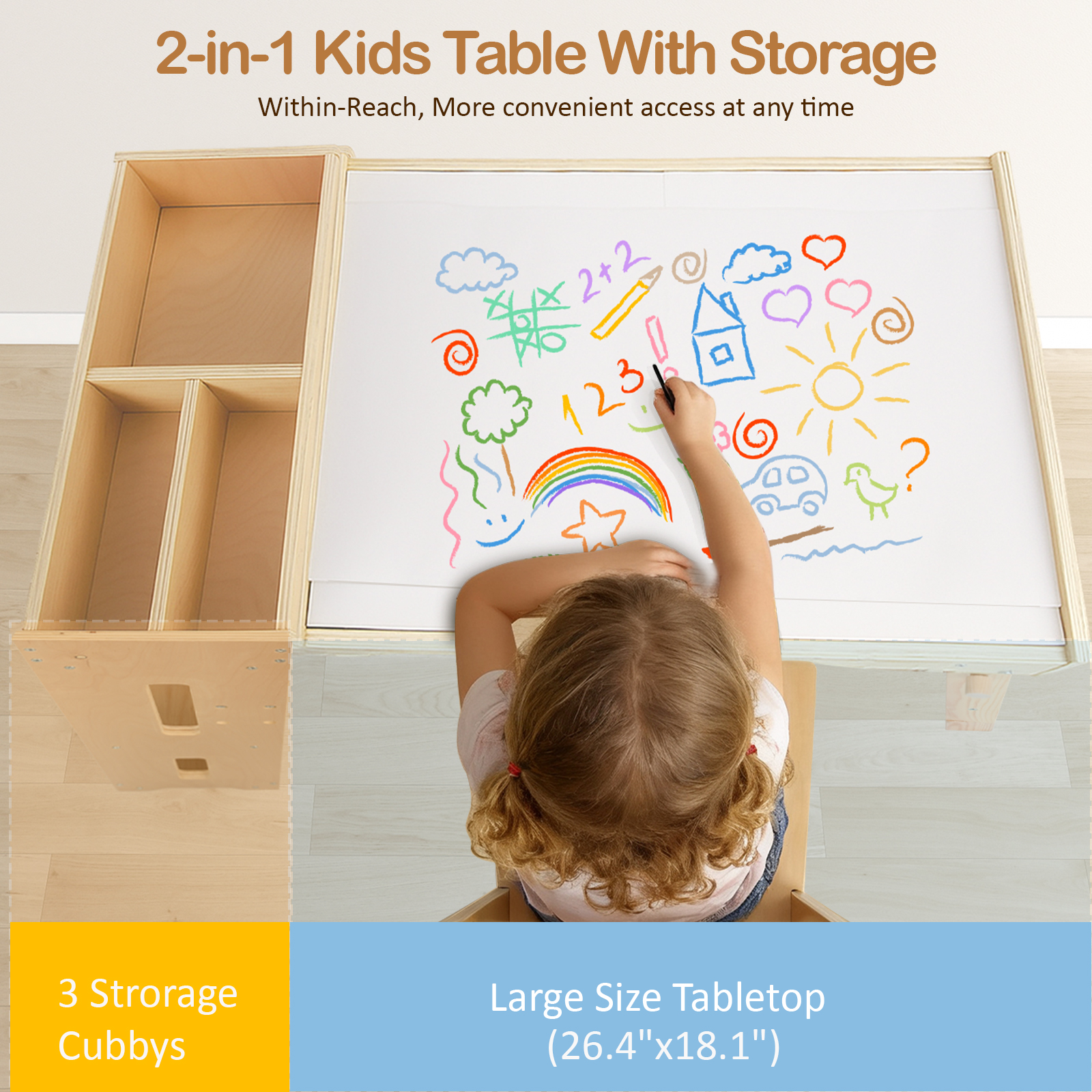 thumbnail video image 2 of Toddler Sensory Table with Storage Shelves, Adjustable Height Kids Art Desk with Bookshelf, Wooden Activity Play Desk and Chairs for Children 1-6 Years, 2 of 10