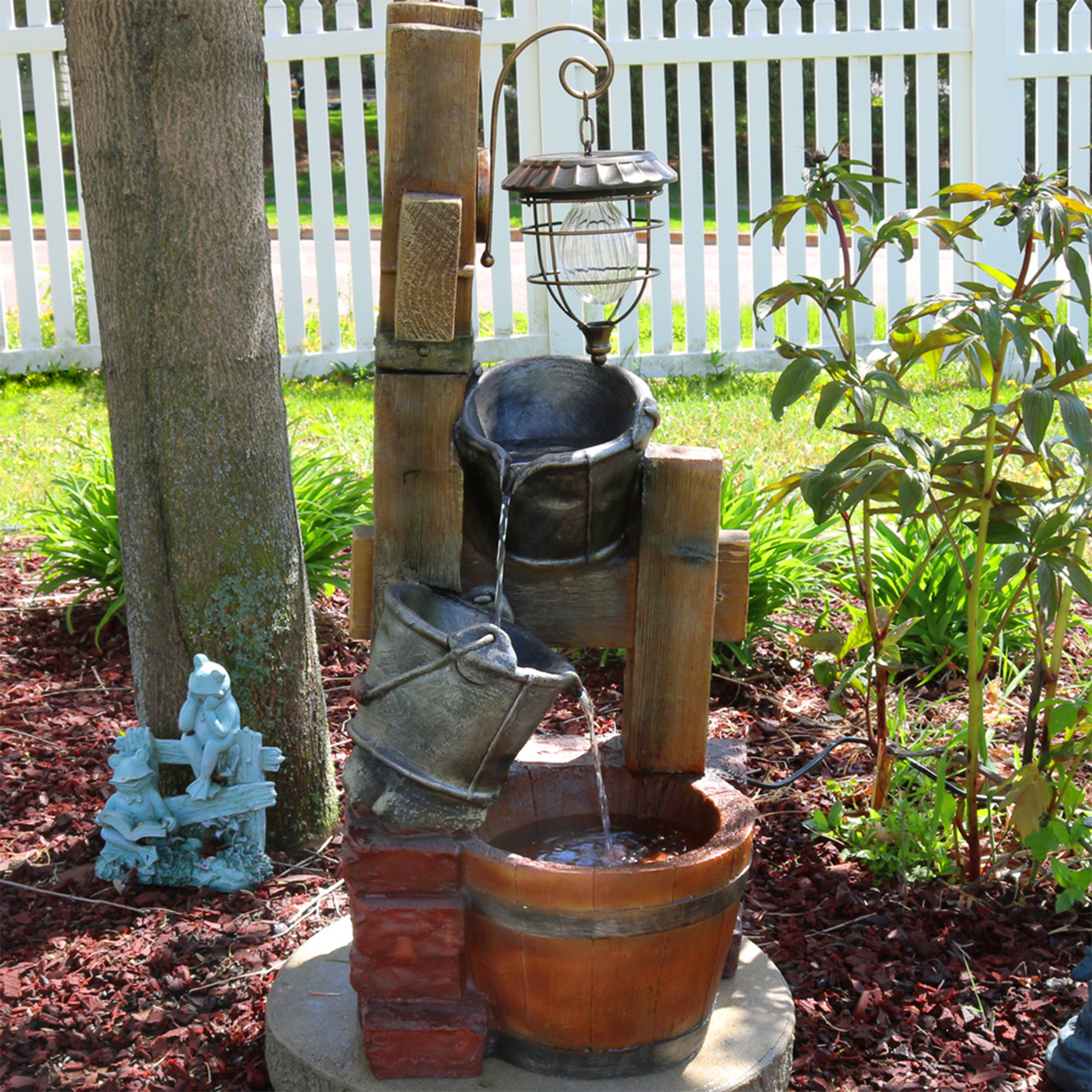 thumbnail video image 2 of Sunnydaze Rustic Pouring Buckets Polyresin Outdoor Water Fountain with Light, 2 of 8