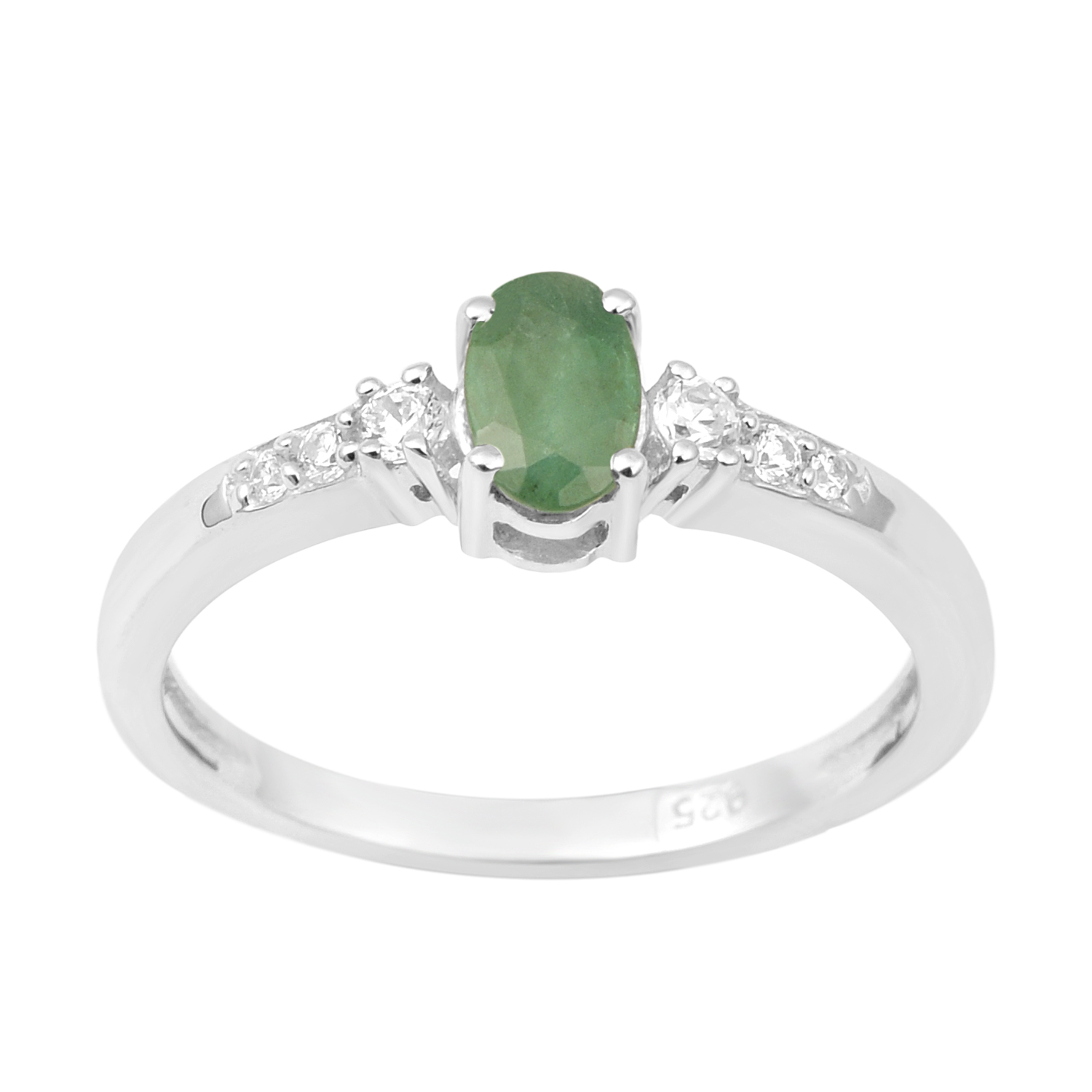 thumbnail video image 2 of 925 Sterling Silver 6X4mm Oval Shape Emerald Solitaire Accents Women Wedding Ring, 2 of 7