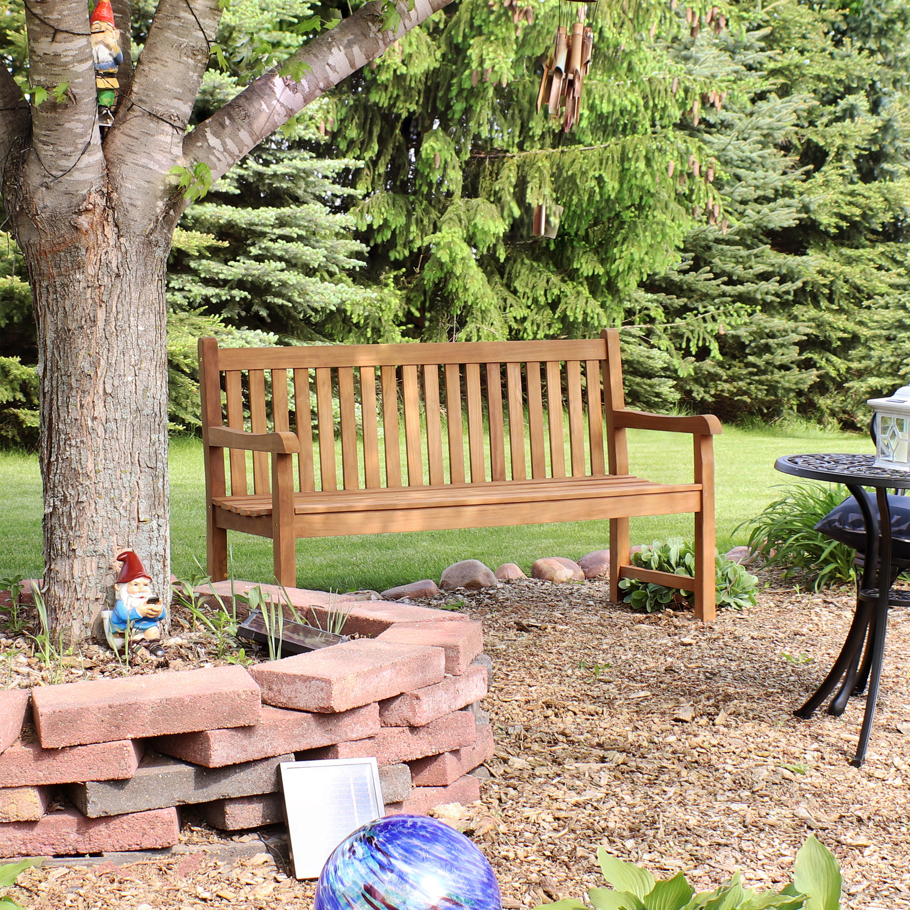 thumbnail video image 2 of Sunnydaze Mission-Back Teak Garden Bench, 2 of 11