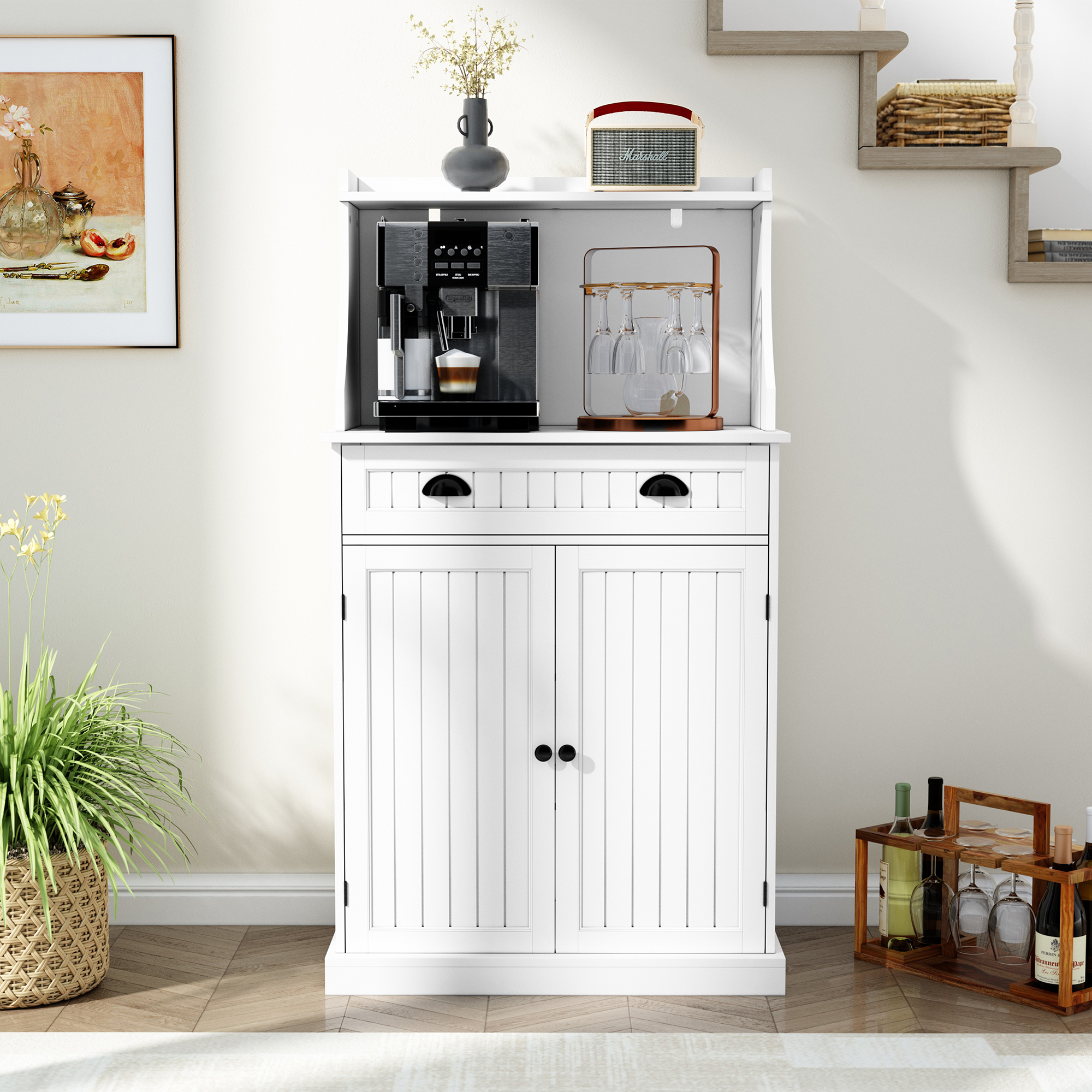 thumbnail video image 2 of HLR 54" Kitchen Pantry Cabinet with Door & Shelves, Sideboard Buffet Cabinet with Microwave Stand for Dining Room, White, 2 of 10