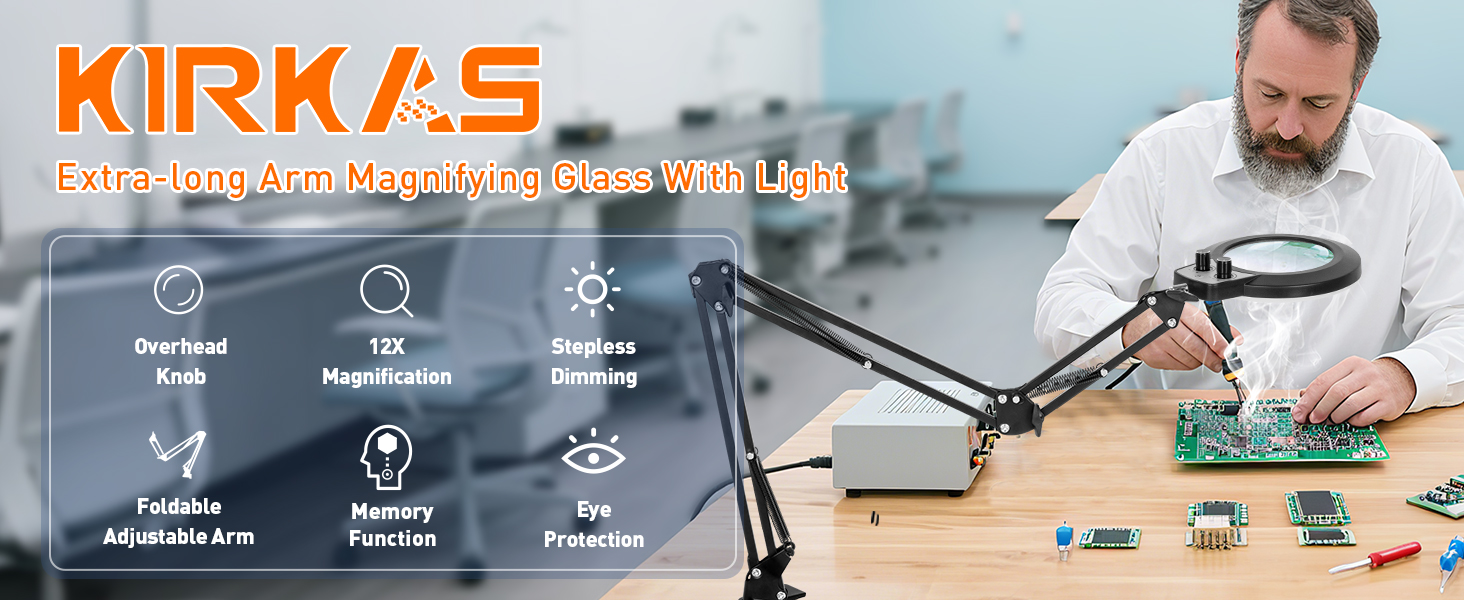 thumbnail video image 2 of KIRKAS Magnifying Glass with Light and Clamp, Extra-Long Arm Magnifying Lamp Overhead Knob for Workbench Craft Repair Sewing, LED Lighted Magnifier Real Glass Lens Stepless Dimming and Color, 2 of 9